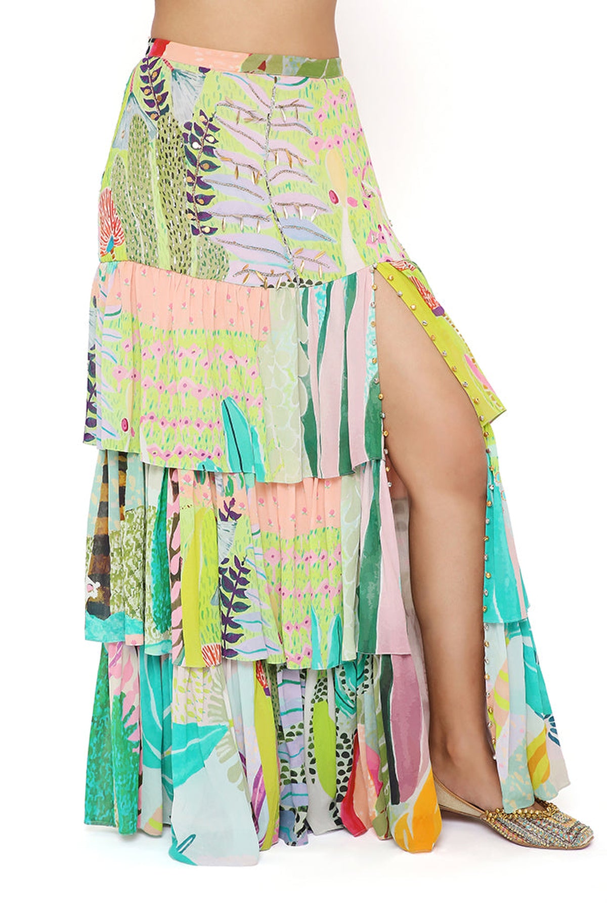 AGNES TROPICAL PRINT GEORGETTE EMBROIDERED TOP WITH LAYERED FRONT SLIT SKIRT