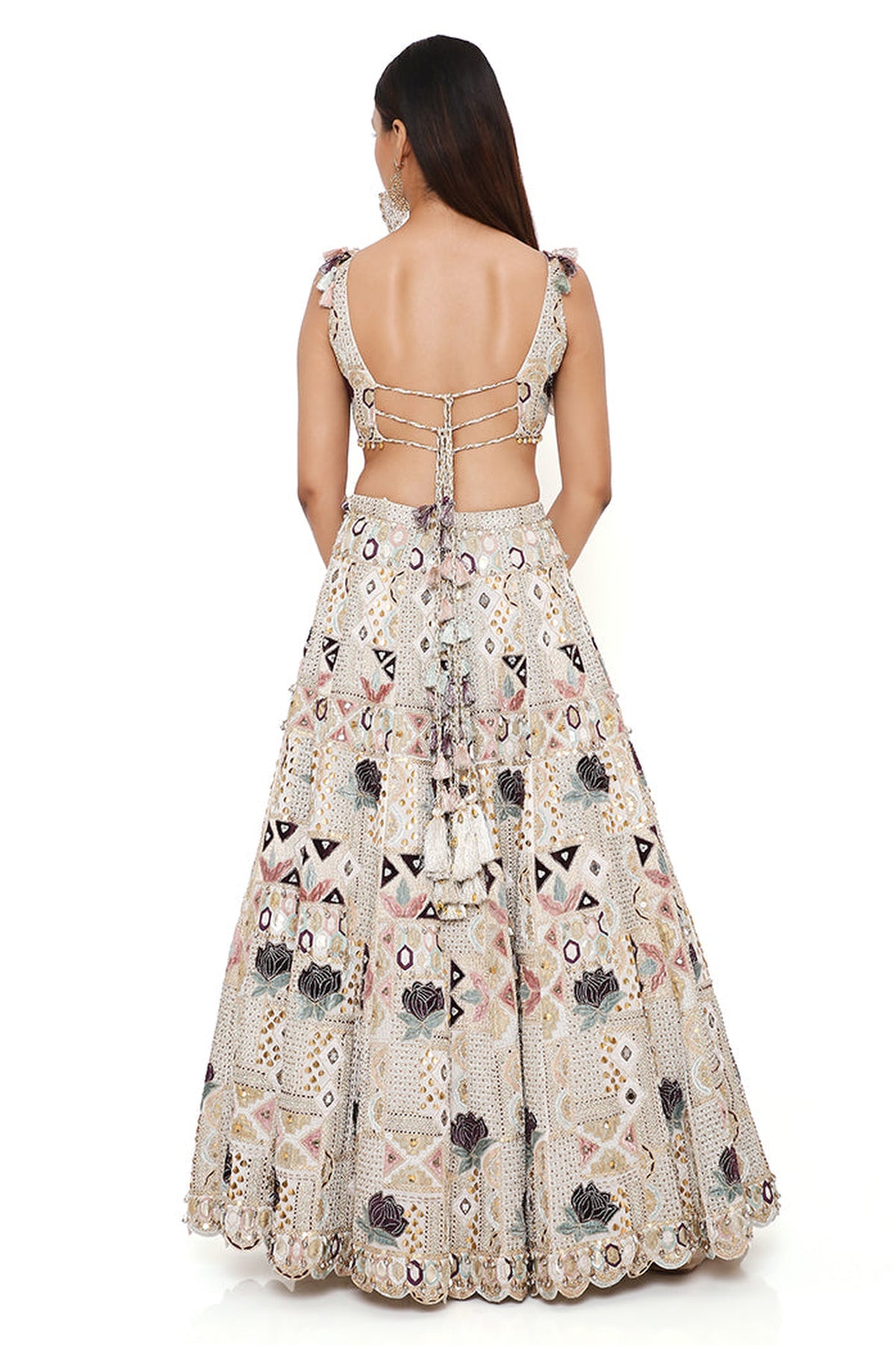 PADMA OFF WHITE GEORGETTE EMBROIDERED CHOLI AND LEHENGA WITH MUKAISH ORGANZA DUPATTA AND ROSE PINK EMBROIDERED TULLE VEIL