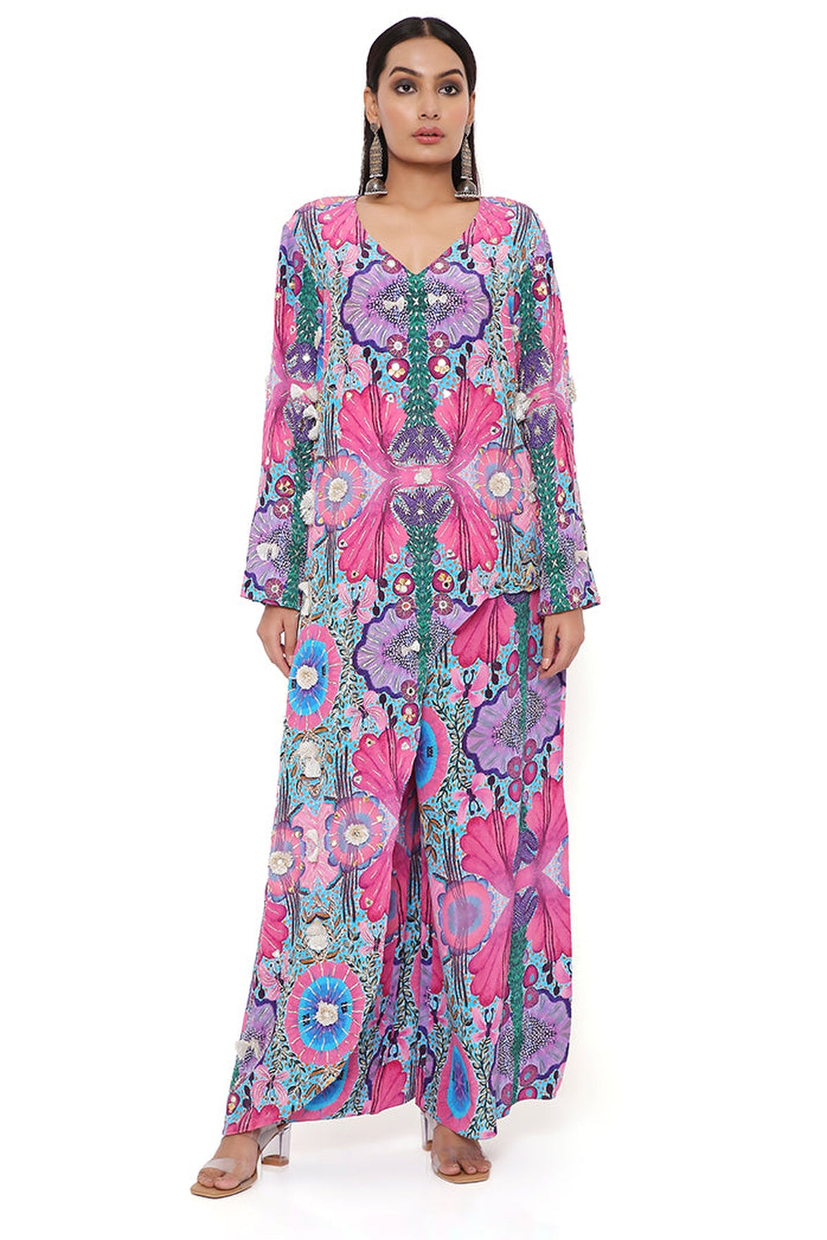 PINK ENCHANTED PRINT CREPE EMBROIDERED KURTA WITH CROPPED PALAZZO
