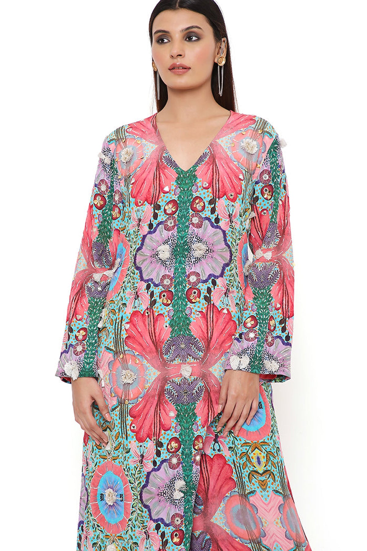 RED ENCHANTED PRINT CREPE EMBROIDERED KURTA WITH CROPPED PALAZZO