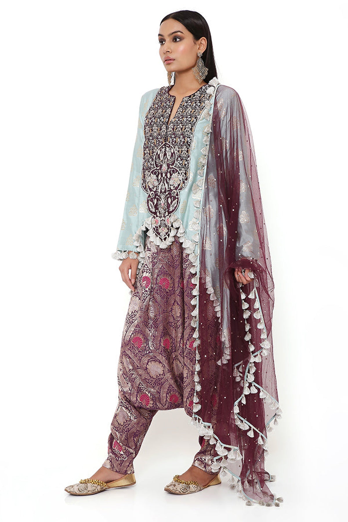 POWDER BLUE BROCADE SILK HIGH LOW KURTA WITH PURPLE BROCADE LOW CROTCH PANT AND PURPLE MUKAISH NET DUPATTA