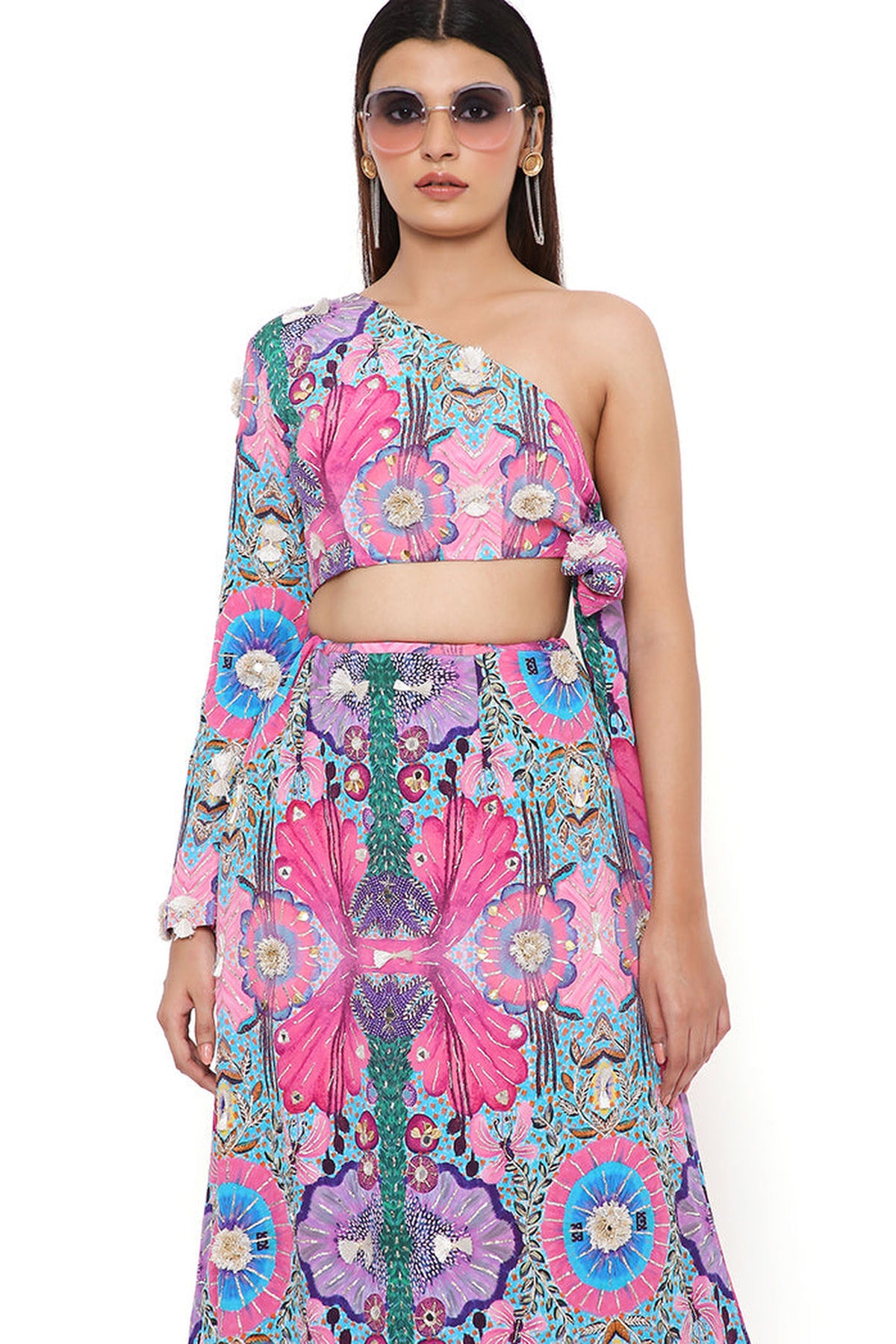 PINK ENCHANTED PRINT CREPE EMBROIDERED SIDE TIE-UP CHOLI WITH SKIRT