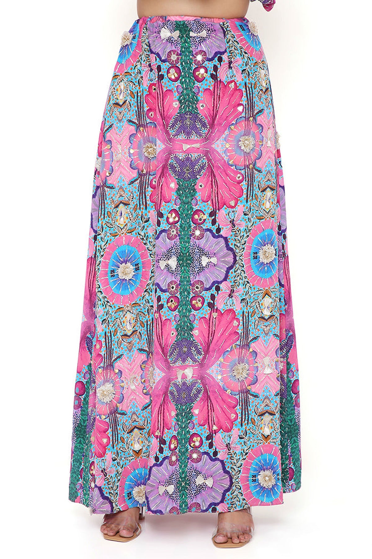 PINK ENCHANTED PRINT CREPE EMBROIDERED SIDE TIE-UP CHOLI WITH SKIRT