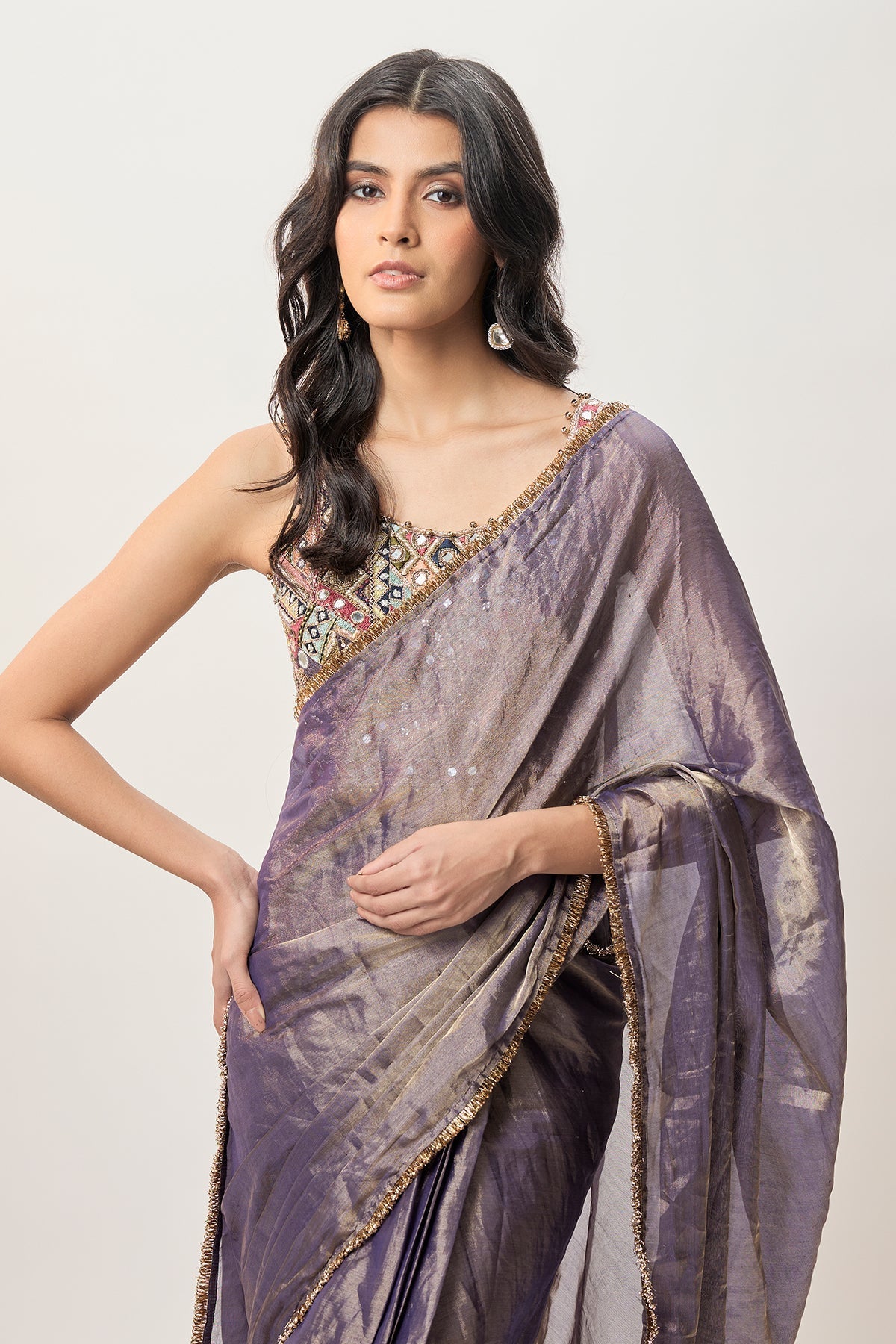 Niusha Purple Georgette Embroidered Choli And Pre-Stitched Tissue Saree