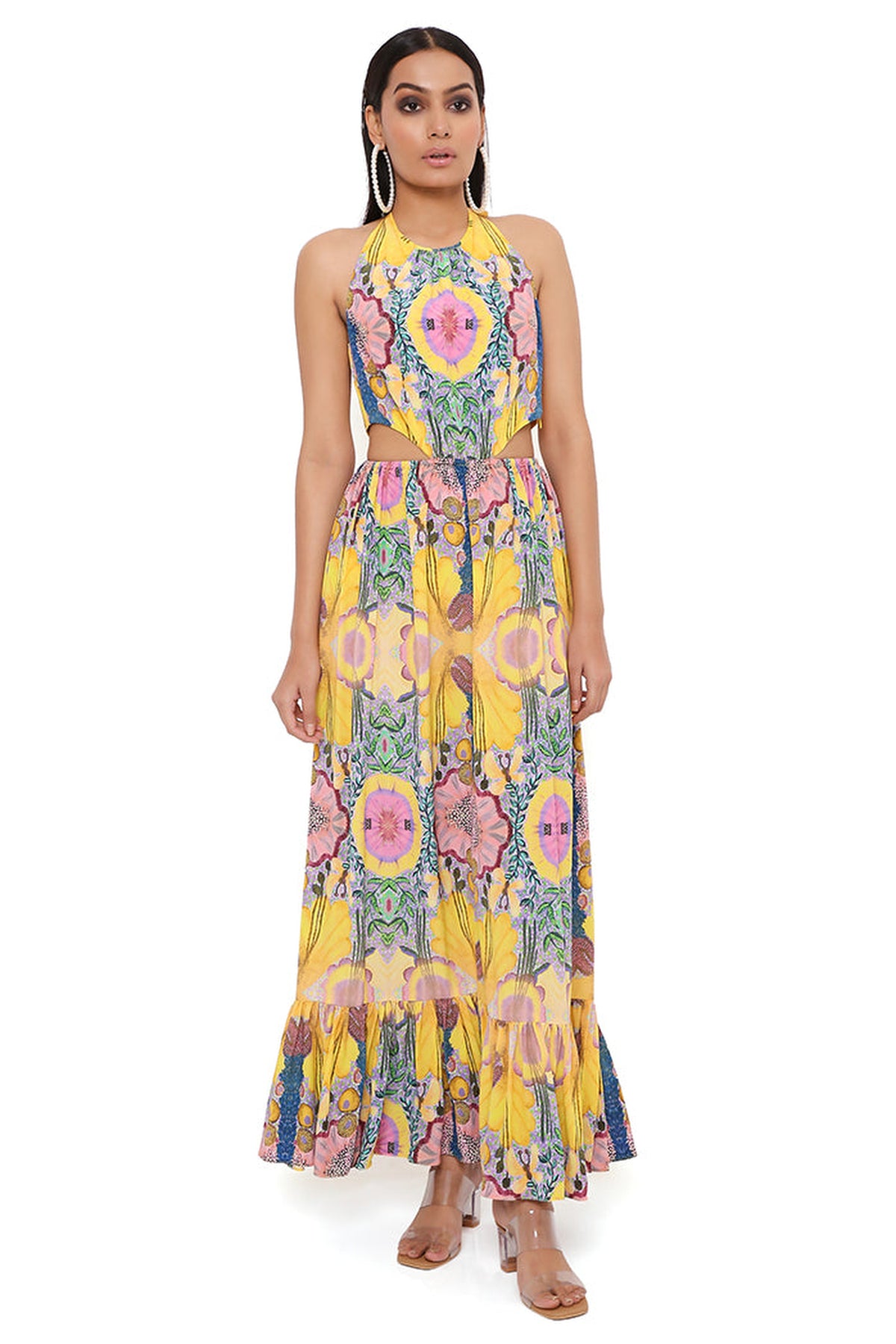 YELLOW ENCHANTED PRINT CREPE CUT-OUT DRESS
