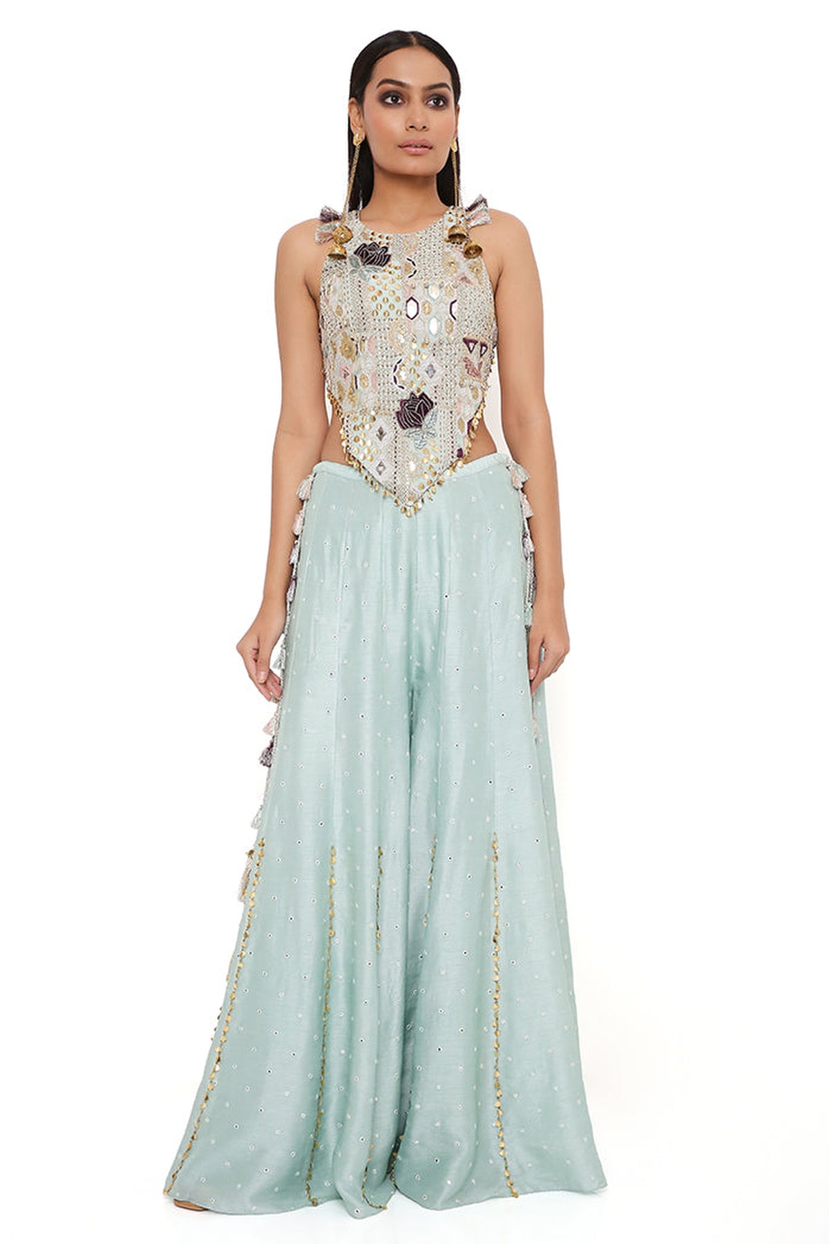POWDER BLUE GEORGETTE EMBROIDERED CHOLI WITH ABLA SILK SHARARA