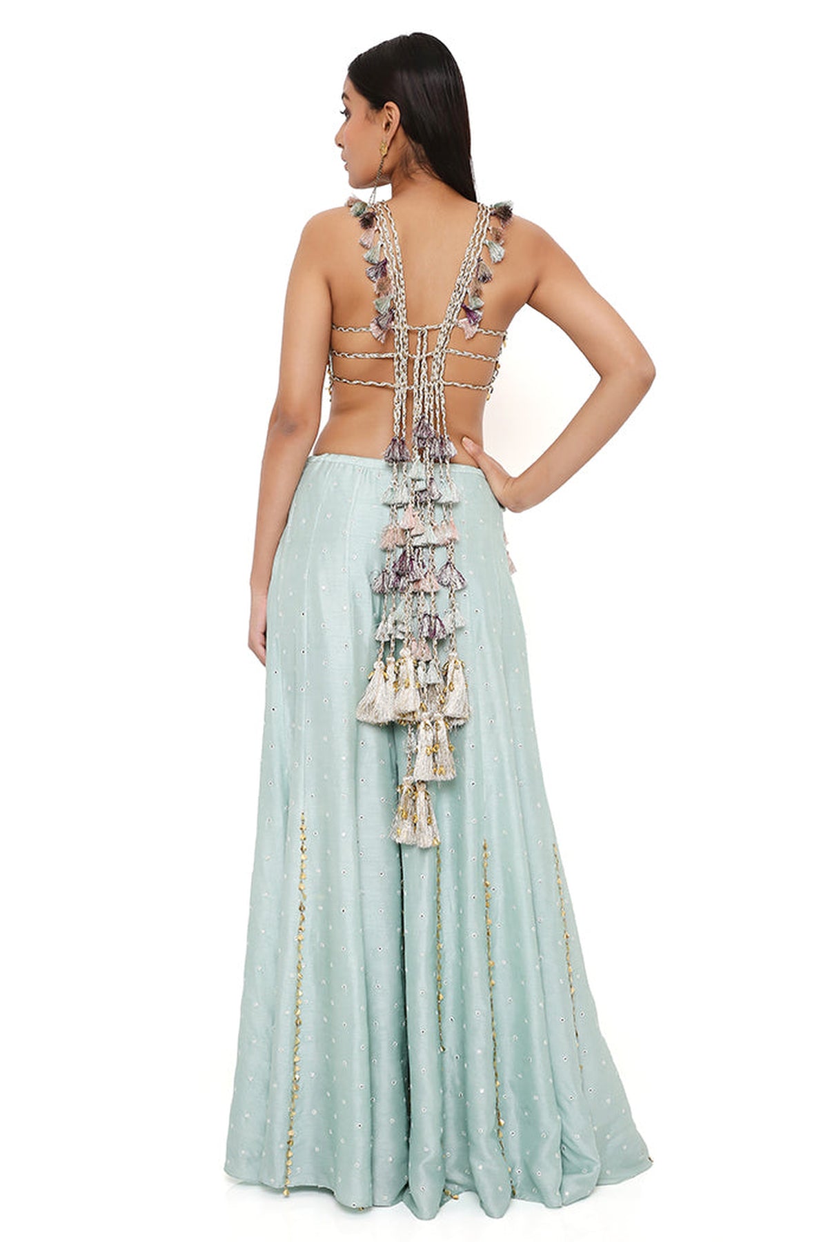 POWDER BLUE GEORGETTE EMBROIDERED CHOLI WITH ABLA SILK SHARARA