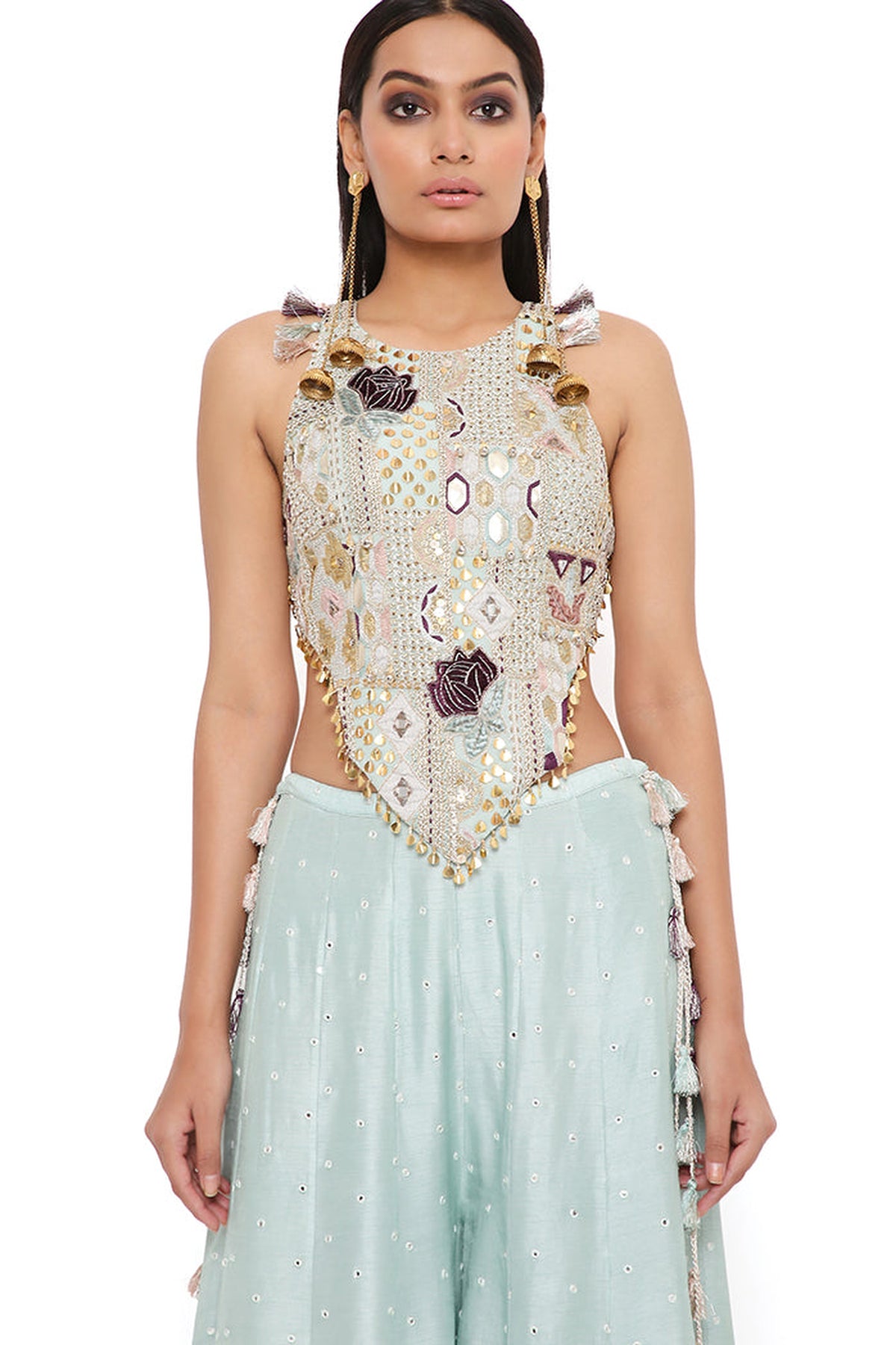 POWDER BLUE GEORGETTE EMBROIDERED CHOLI WITH ABLA SILK SHARARA