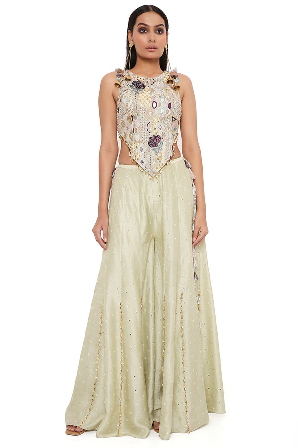 MINT GEORGETTE EMBROIDERED CHOLI WITH ABLA SILK SHARARA