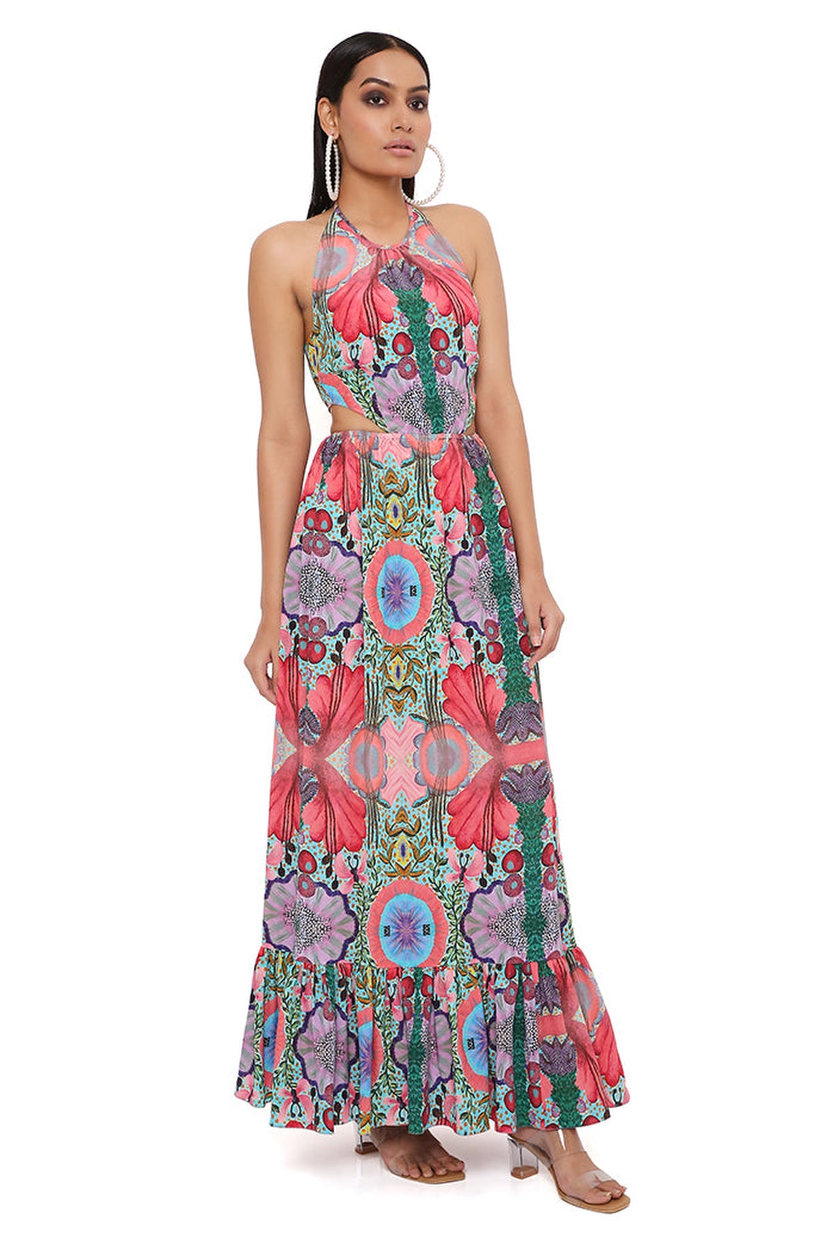 RED ENCHANTED PRINT CREPE CUT-OUT DRESS