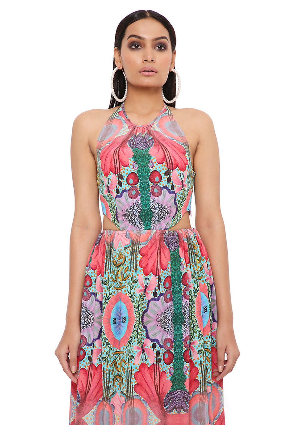 RED ENCHANTED PRINT CREPE CUT-OUT DRESS