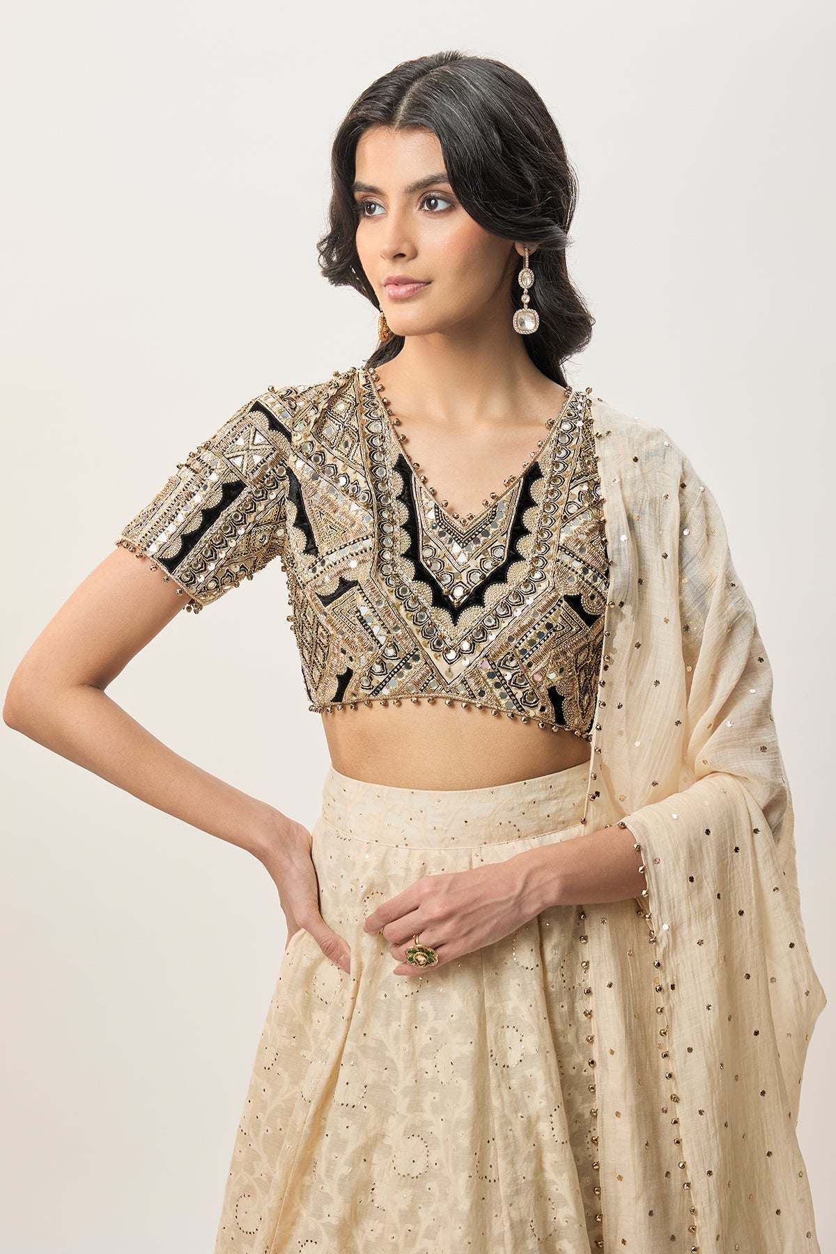 Mahtab Stone Georgette Embroidered Choli With Lehenga And Mukaish Mul Dupatta