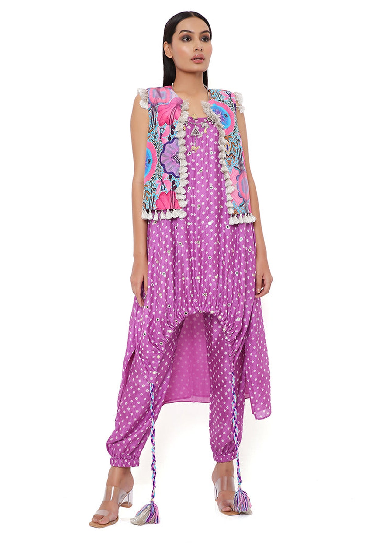 PURPLE BANDHANI SILK EMBROIDERED HIGH LOW KURTA WITH JOGGER PANTS AND PINK ENCHANTED PRINT CREPE JACKET