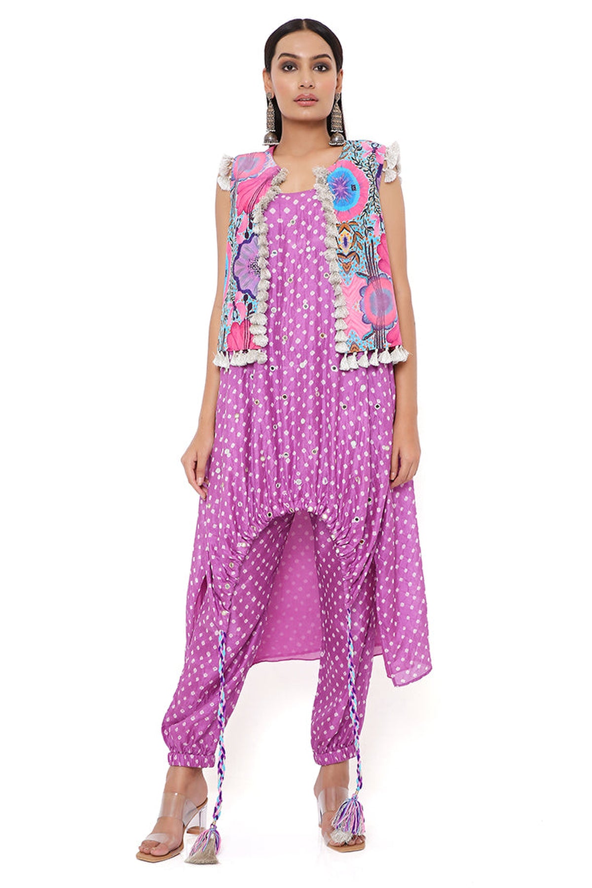 PURPLE BANDHANI SILK EMBROIDERED HIGH LOW KURTA WITH JOGGER PANTS AND PINK ENCHANTED PRINT CREPE JACKET