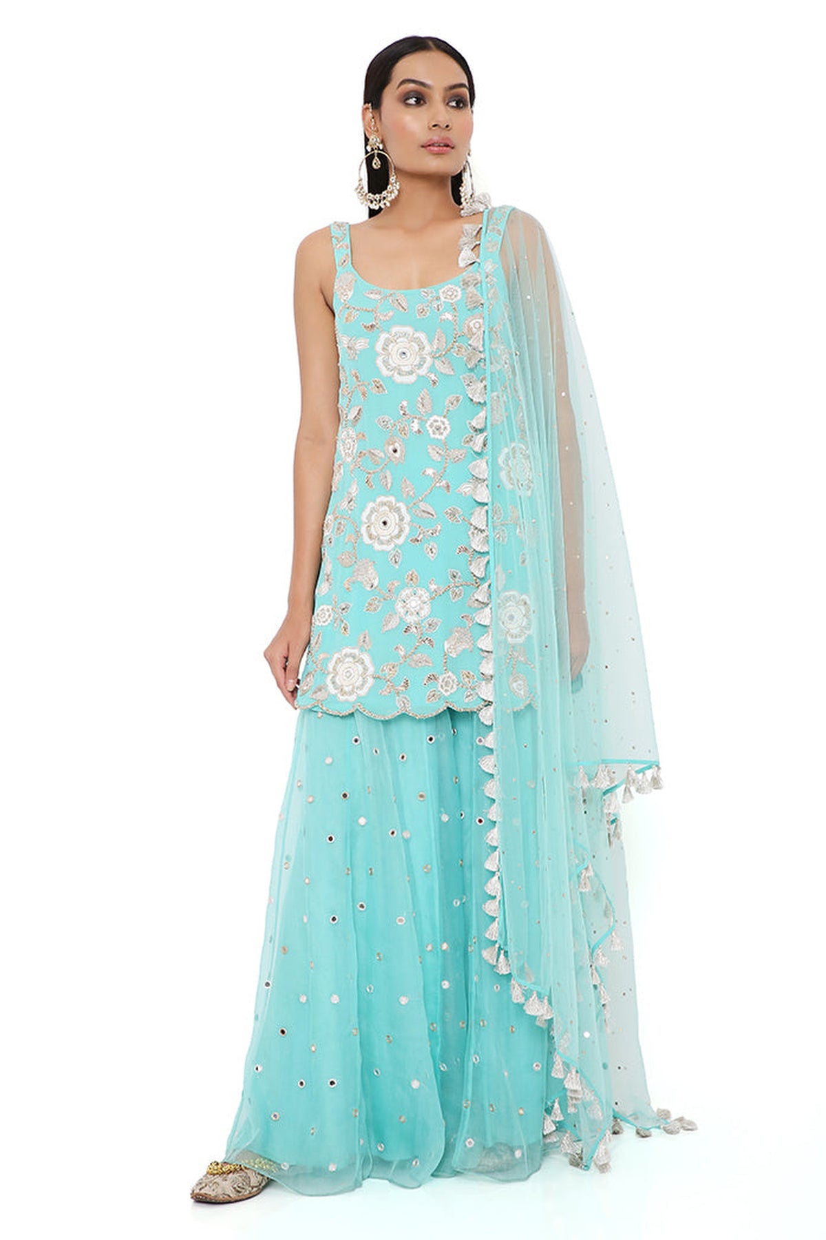 AQUA GEORGETTE EMBROIDERED KURTA WITH EMBROIDERED ORGANZA SHARARA AND NET MUKAISH DUPATTA