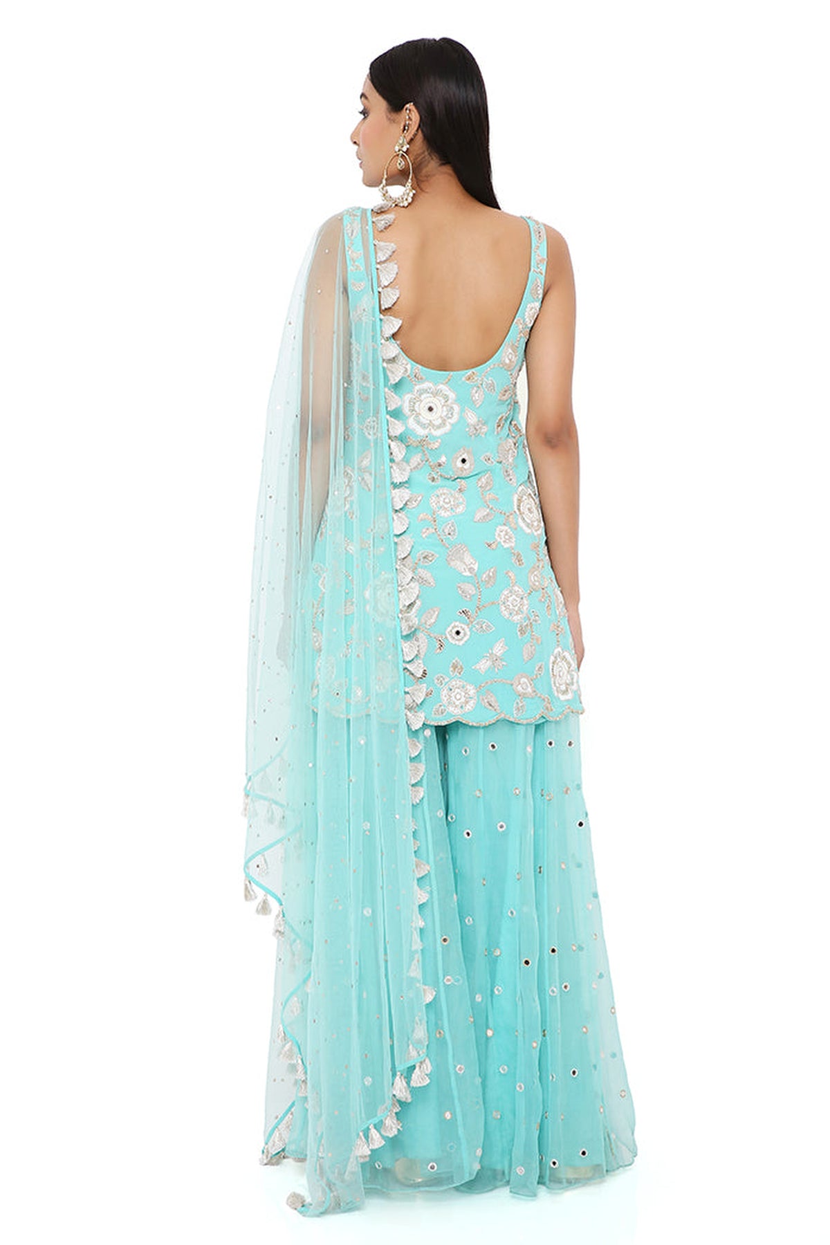 AQUA GEORGETTE EMBROIDERED KURTA WITH EMBROIDERED ORGANZA SHARARA AND NET MUKAISH DUPATTA