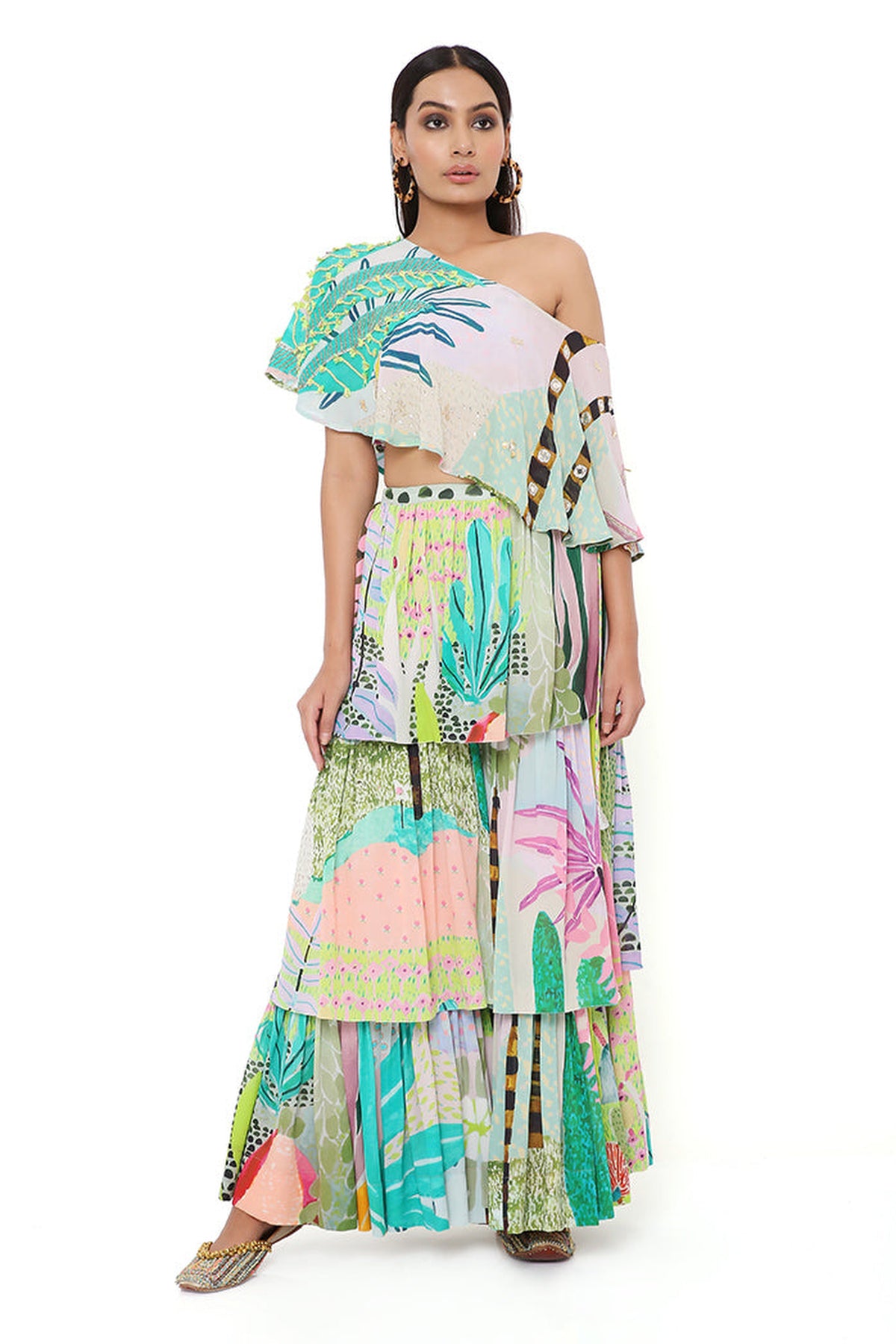 TROPICAL PRINT GEORGETTE EMBRODIERED ONE SHOULDER CAPE WITH A BUSTIER AND FRILL SHARARA