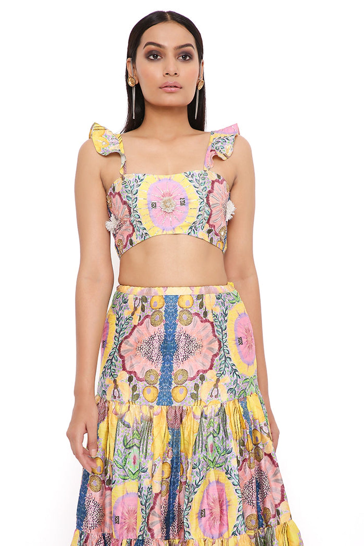 YELLOW ENCHANTED PRINT SILK EMBROIDERED BUSTIER WITH A SKIRT