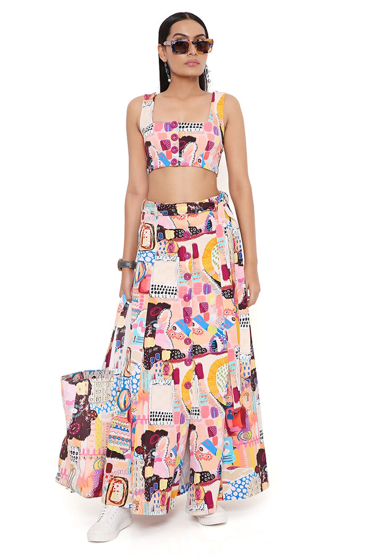 TRANCE PRINT DENIM TOP AND SKIRT WITH A TIE-UP