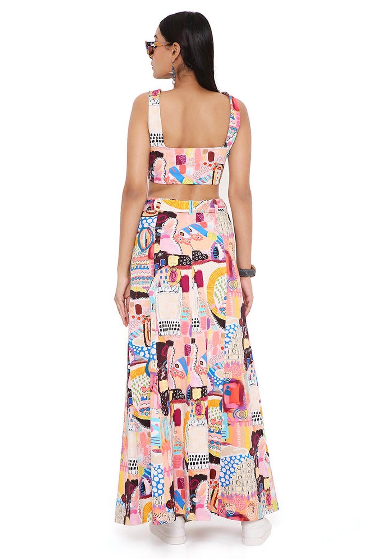 TRANCE PRINT DENIM TOP AND SKIRT WITH A TIE-UP