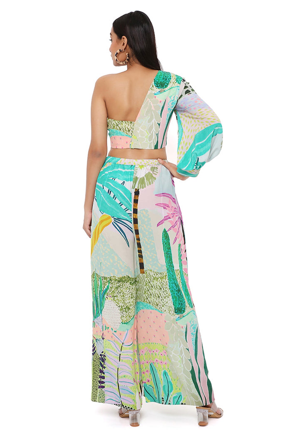 TROPICAL PRINT CREPE ONE SHOULDER TOP WITH PALAZZO