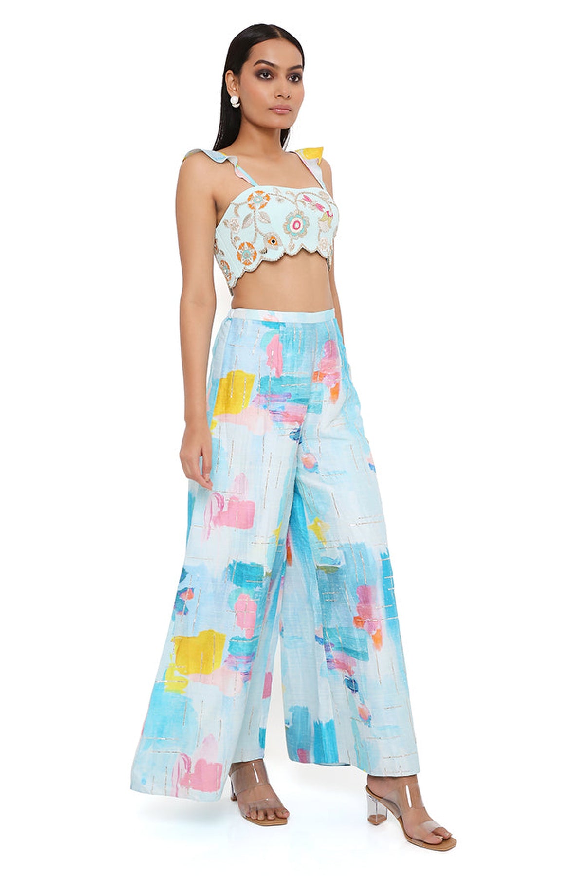 AQUA GEORGETTE EMBROIDERED BUSTIER WITH PAINTERLY DUPION SILK PRINTED EMBROIDERED PALAZZO