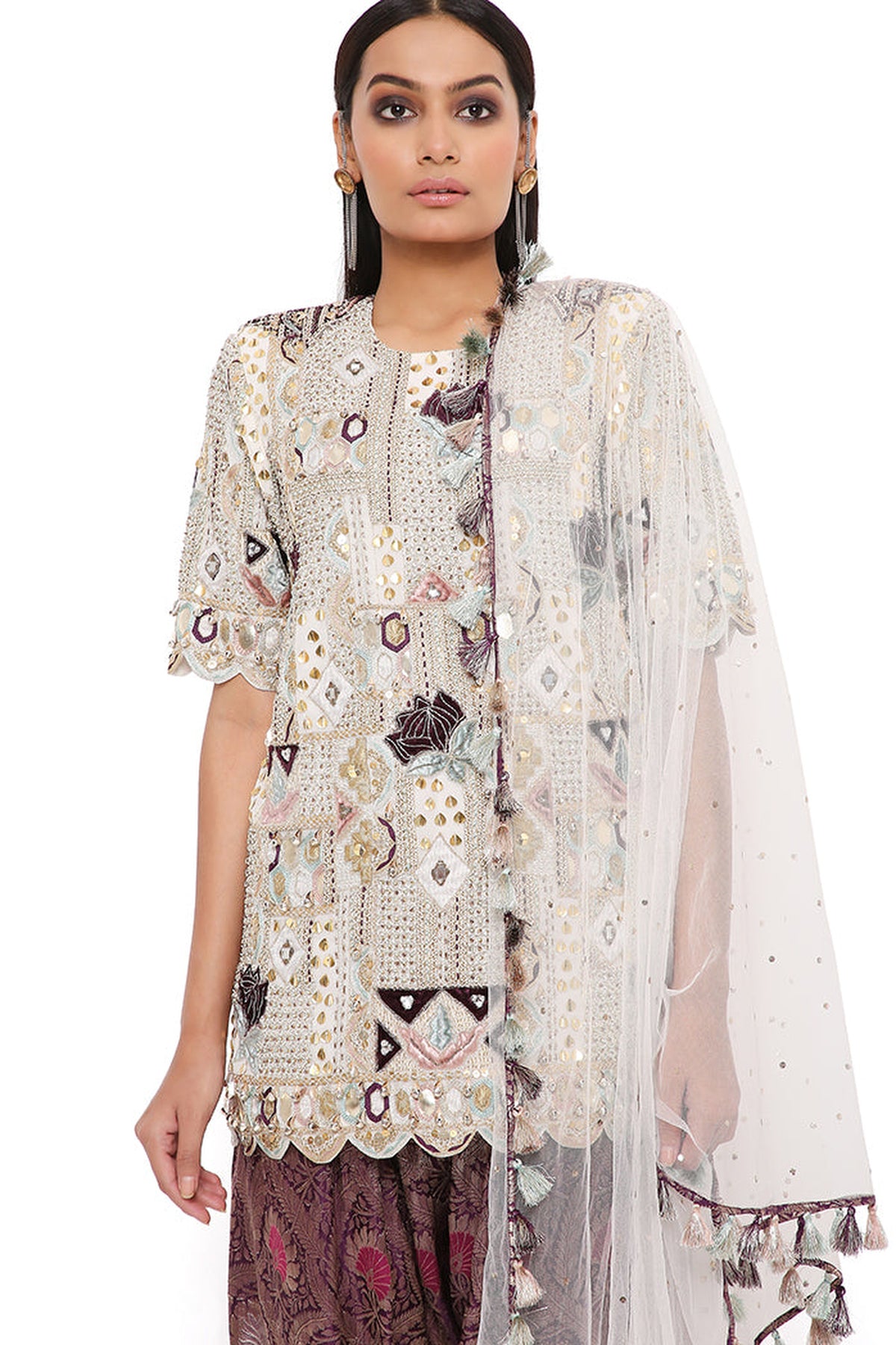 OFF WHITE GEORGETTE EMBROIDERED KURTA WITH PURPLE BROCADE SALWAR AND OFF WHITE MUKAISH NET DUPATTA