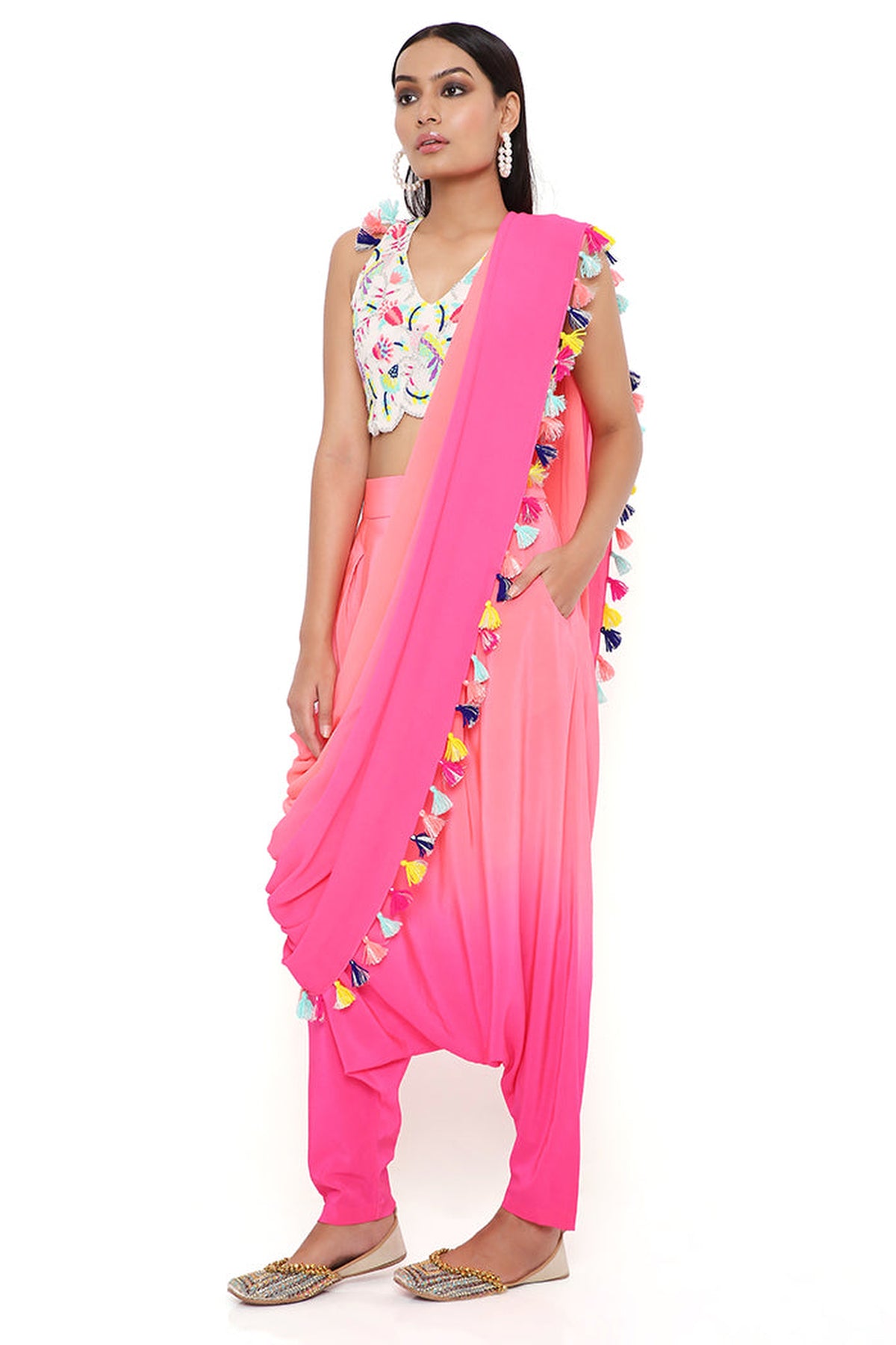 STONE GEORGETTE EMBROIDERED CHOLI WITH CORAL AND PINK CREPE SHADED LOW CROTCH AND GEORGETTE ATTACHED DRAPE