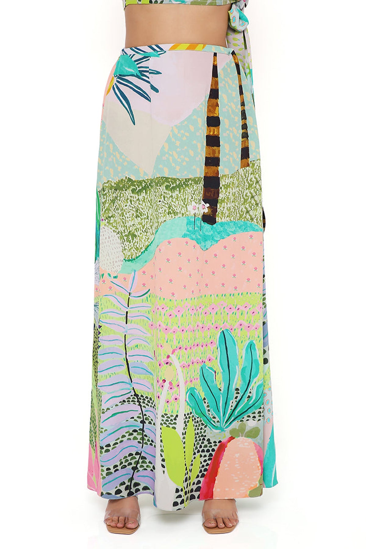 TROPICAL PRINT CREPE ONE SHOULDER TOP AND SKIRT