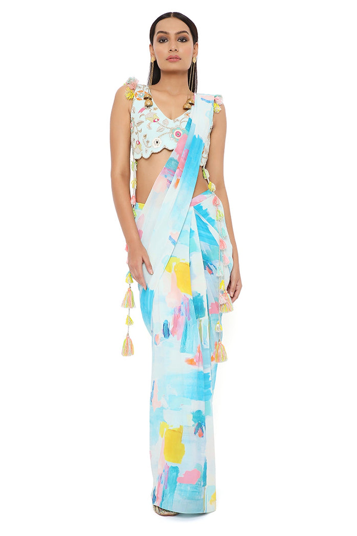 AQUA COLOR GEORGETTE SPRING EMBRODIERED CHOLI WITH PAINTERLY GEORGETTE PRINTED PRE-STITCHED SAREE