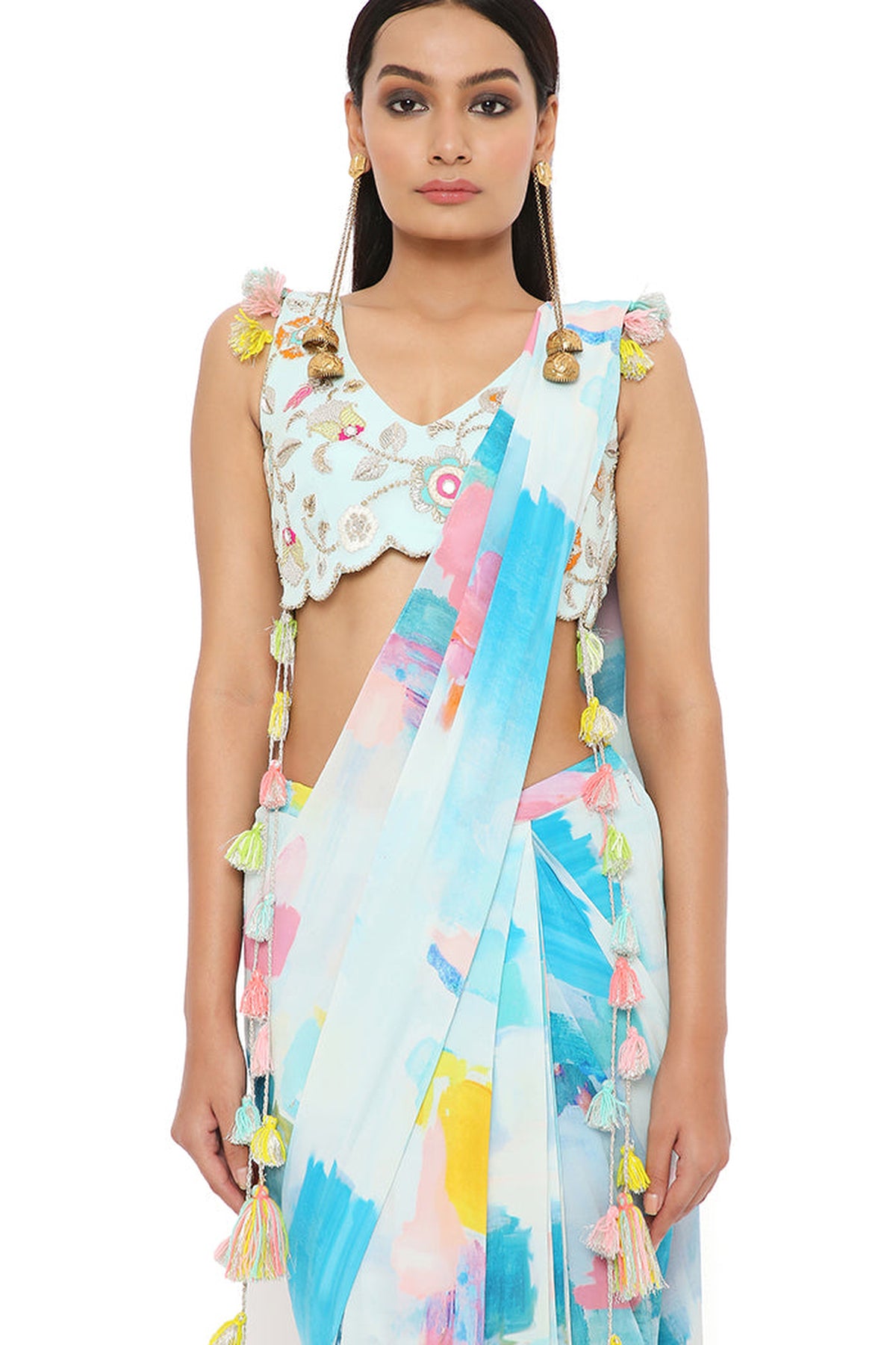 AQUA COLOR GEORGETTE SPRING EMBRODIERED CHOLI WITH PAINTERLY GEORGETTE PRINTED PRE-STITCHED SAREE