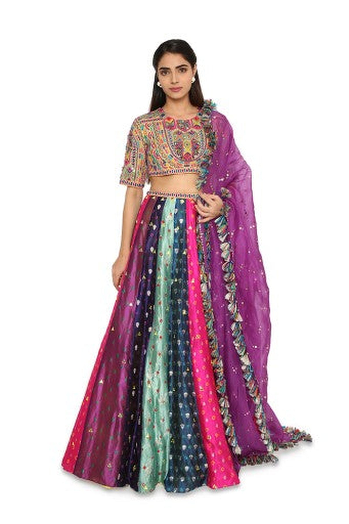 Tiana Yellow Colour Embroidered Choli With Multi Colour Bandhani Lehenga With Purple Mukaish Organza Dupatta With Tassels