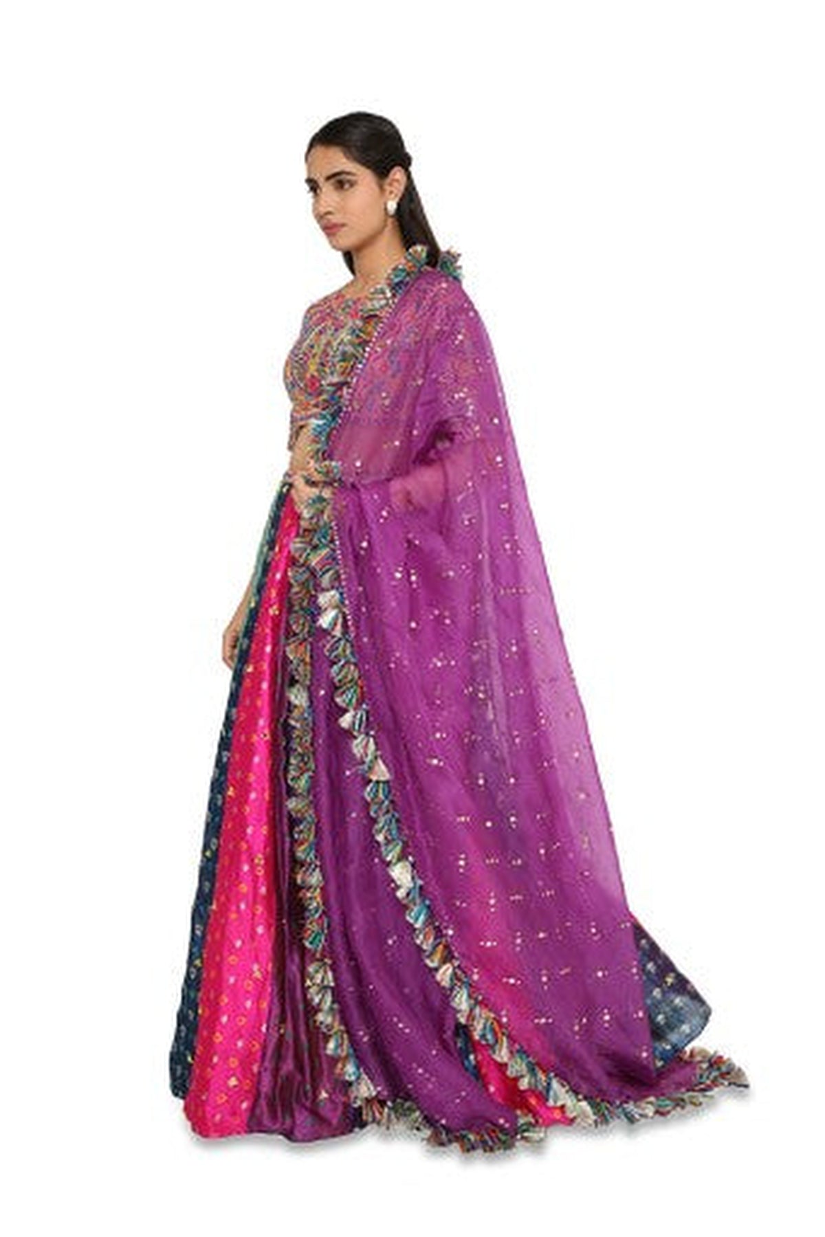 Tiana Yellow Colour Embroidered Choli With Multi Colour Bandhani Lehenga With Purple Mukaish Organza Dupatta With Tassels