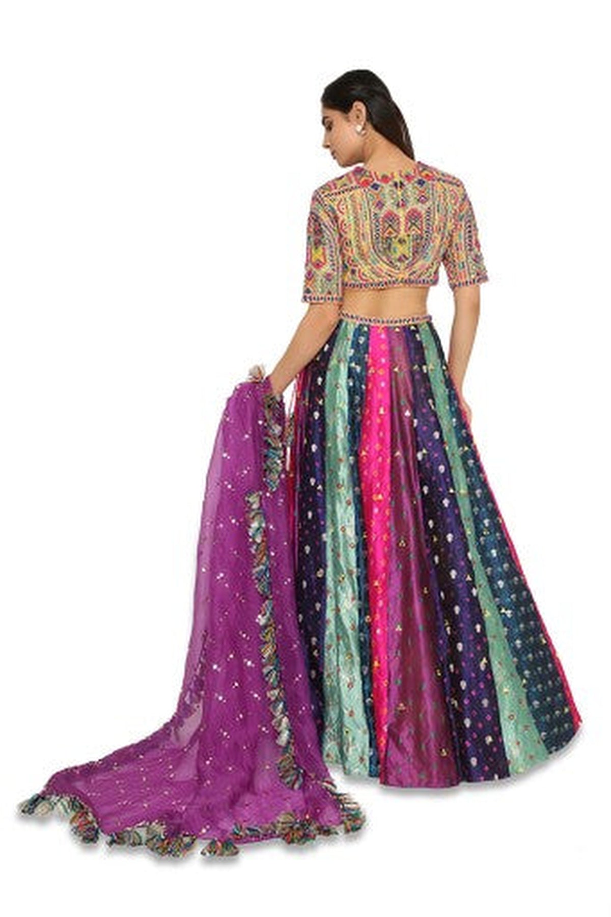 Tiana Yellow Colour Embroidered Choli With Multi Colour Bandhani Lehenga With Purple Mukaish Organza Dupatta With Tassels