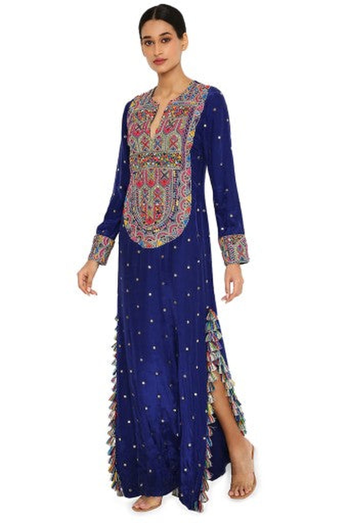 Adira Midnight Blue Colour Mukaish Silk Embroidered Kaftan