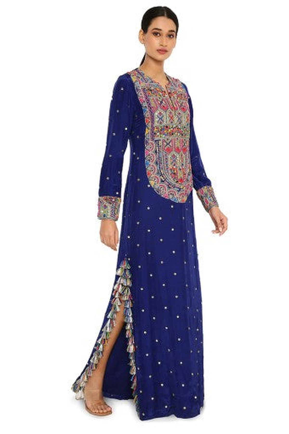 Adira Midnight Blue Colour Mukaish Silk Embroidered Kaftan
