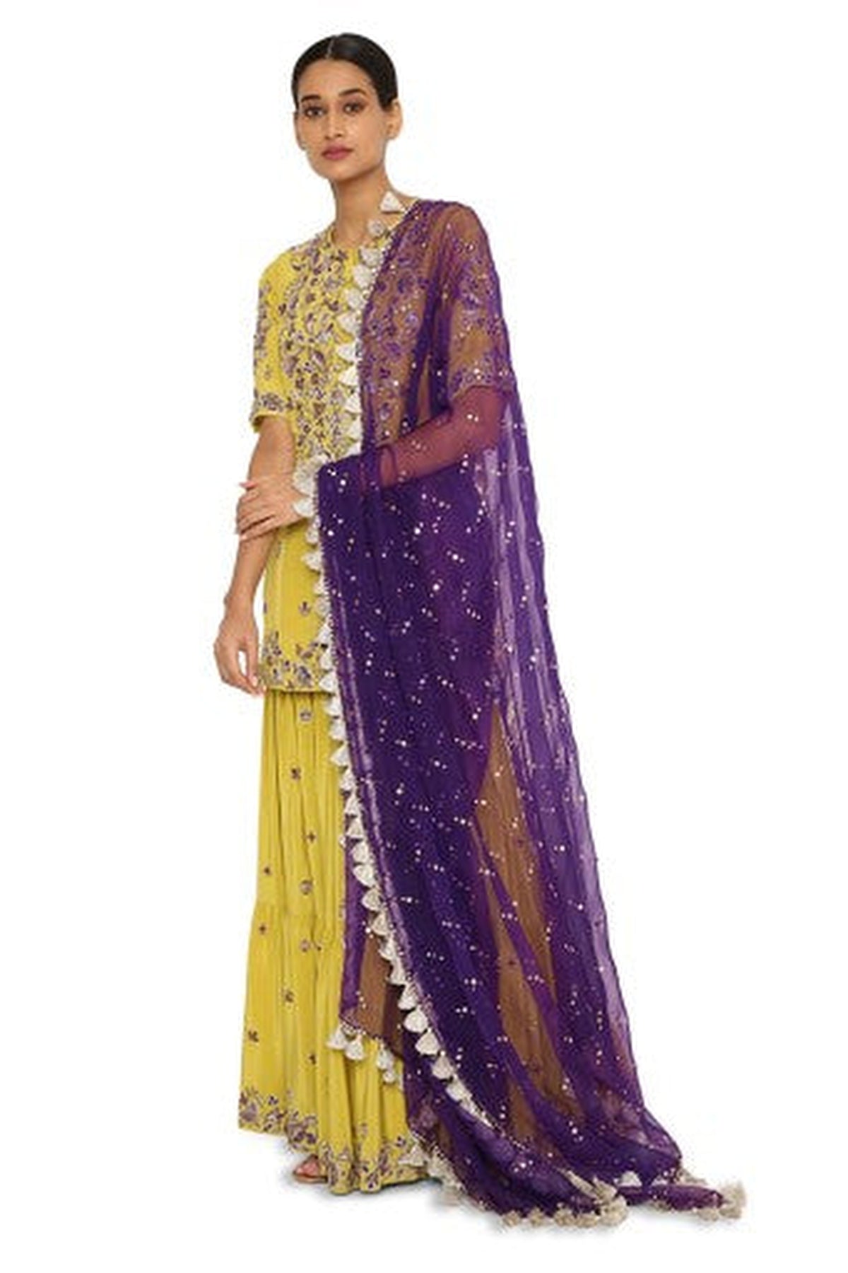 Imani Lime Green Colour Embroidered Kurta And Sharara With Purple Organza Dupatta