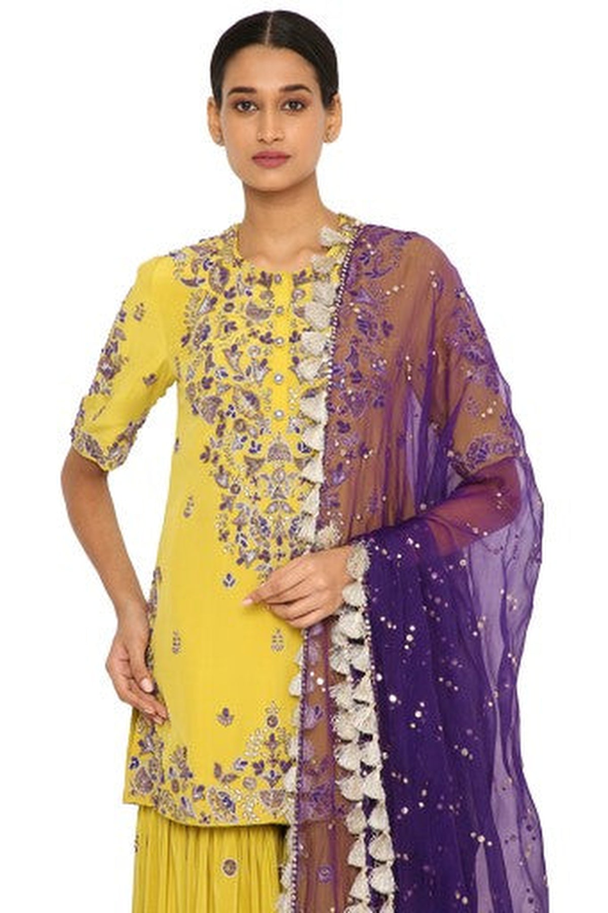 Imani Lime Green Colour Embroidered Kurta And Sharara With Purple Organza Dupatta