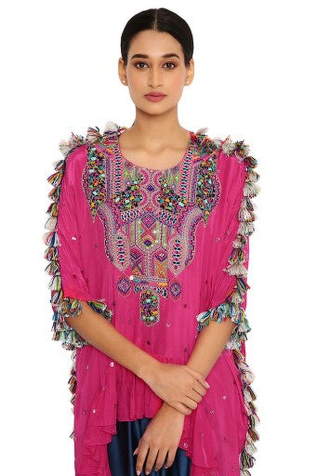 Asta Hot Pink Colour Silk Embroidered High-Low Kaftan With Midnight Blue Colour Salwaar