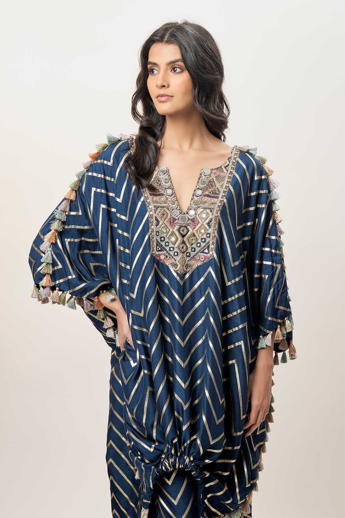 Raniya Navy Blue Dola Silk Embroidered Kaftan And Jogger Pant