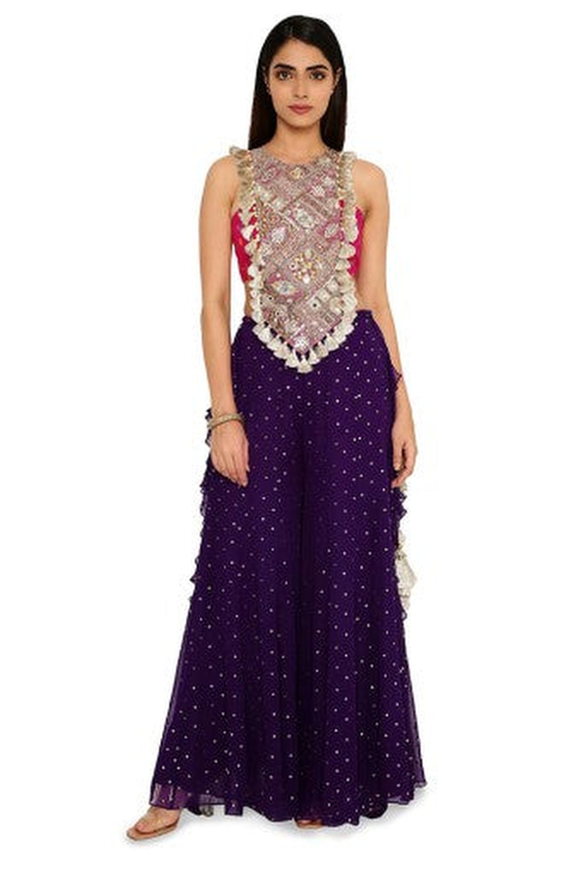 Alaine Hot Pink Colour Georgette Yoke Embroidered Bandhani Bustier And Purple Georgette Frill Sharara