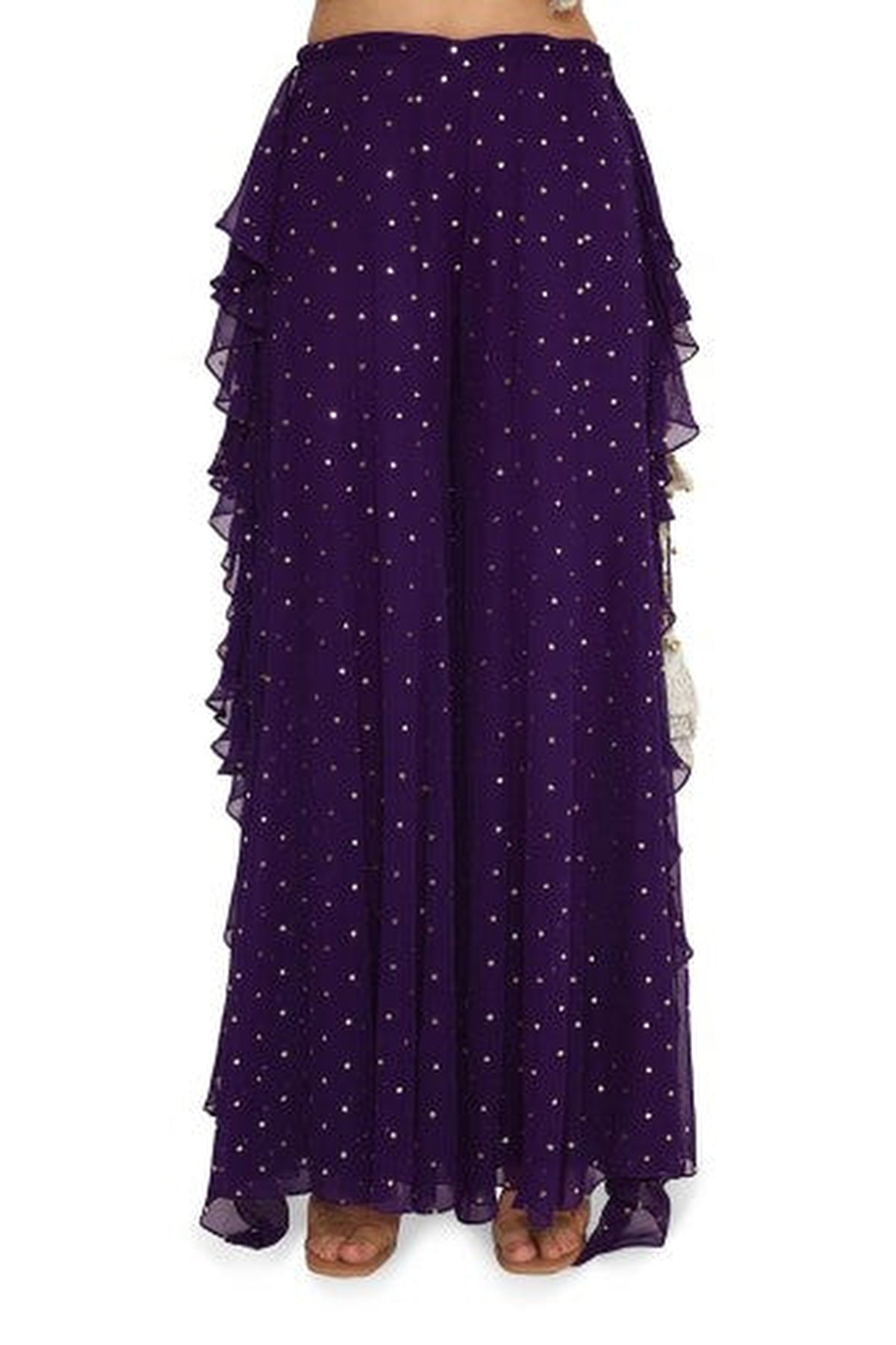 Alaine Hot Pink Colour Georgette Yoke Embroidered Bandhani Bustier And Purple Georgette Frill Sharara