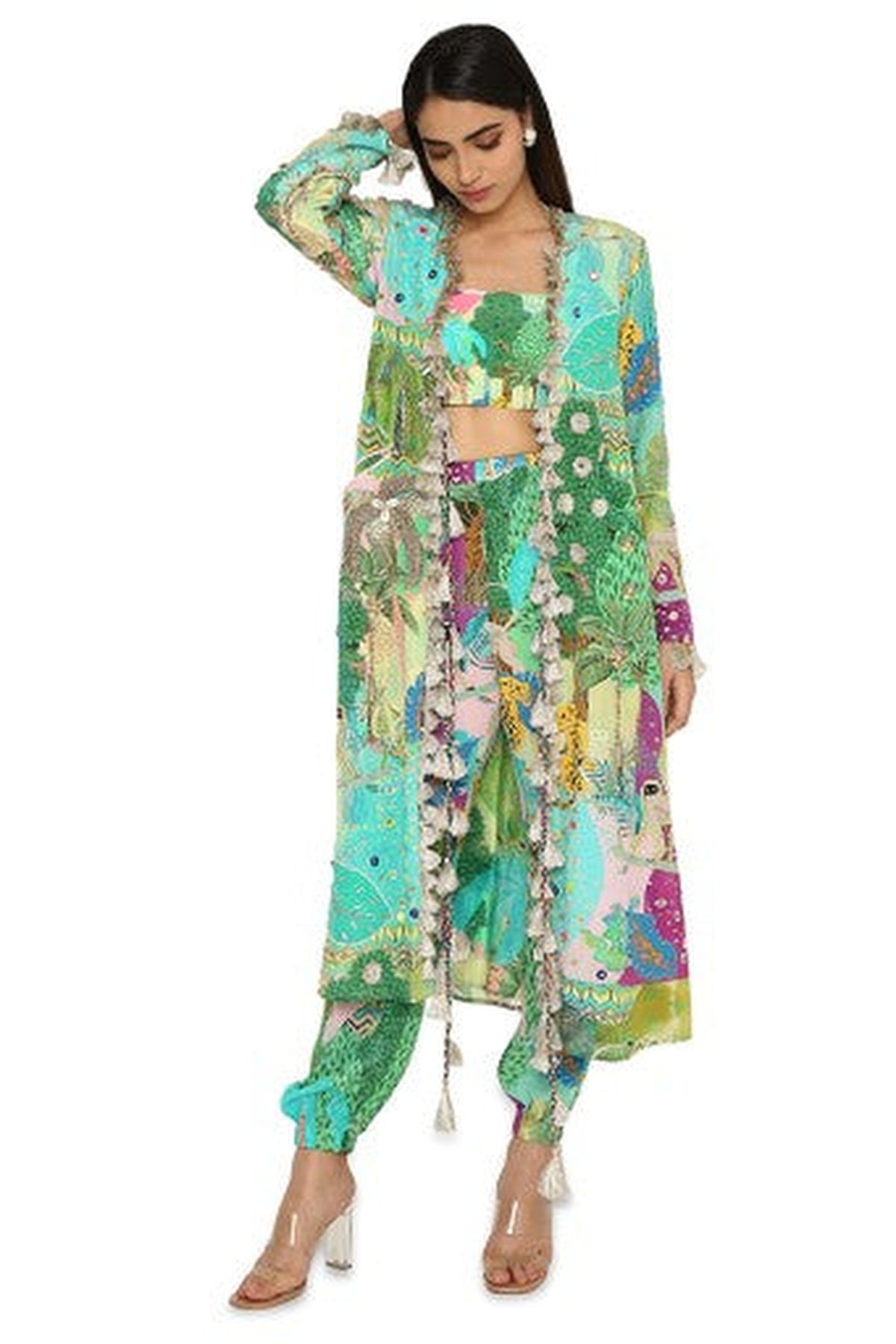Insha Kuno Print Crepe Embroidered Jacket With Bustier And Jogger Pants