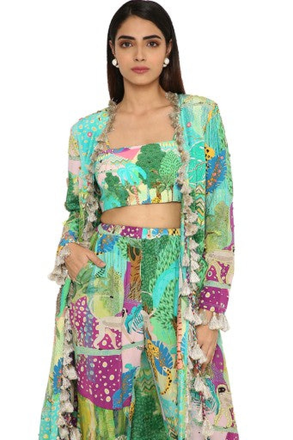 Insha Kuno Print Crepe Embroidered Jacket With Bustier And Jogger Pants