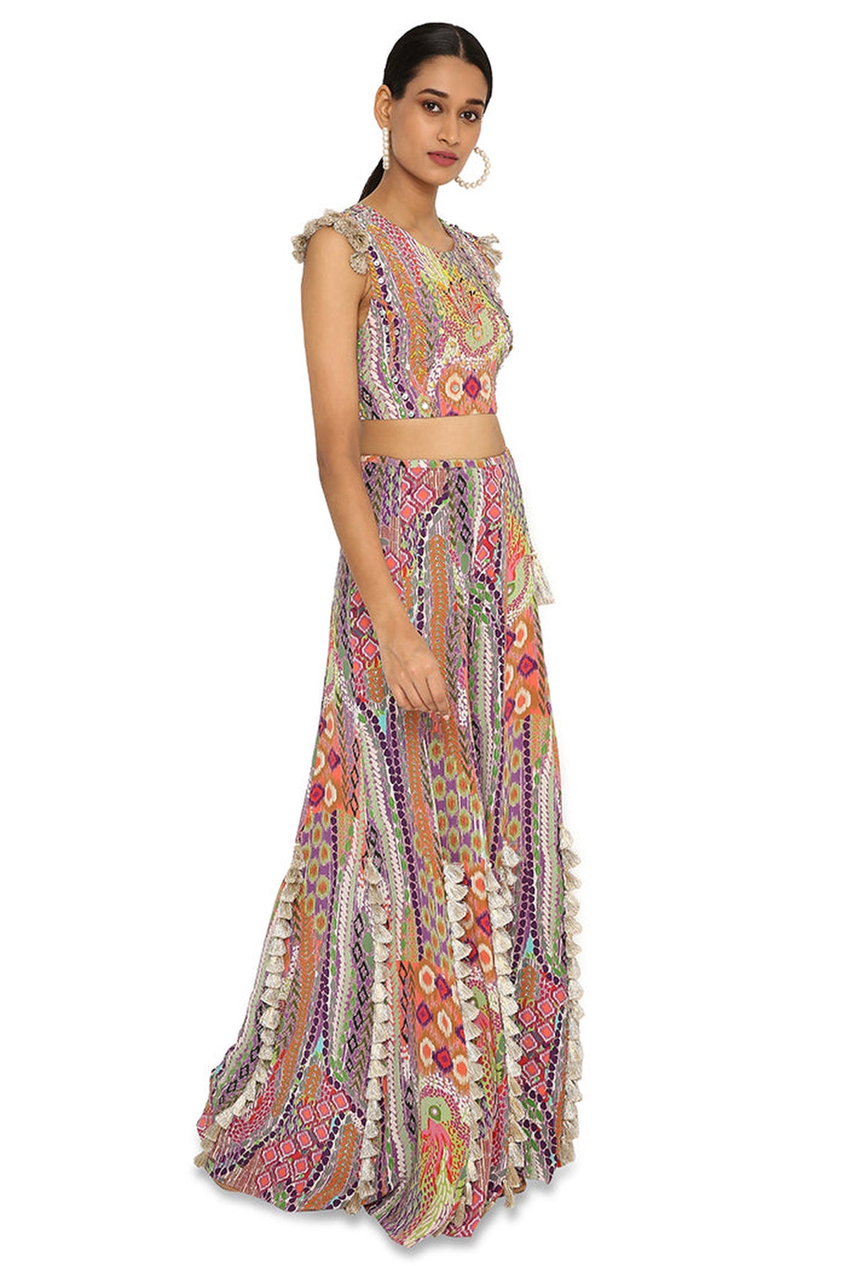Iiyana African Print Embroidered Crepe Choli With Tasselled Sharara