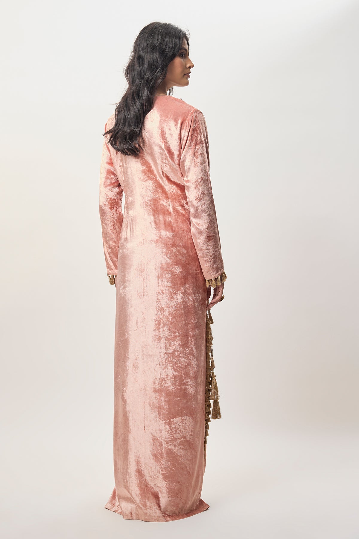 Tara Rose Pink Velvet Embroidered Yoke Beyza Kaftan