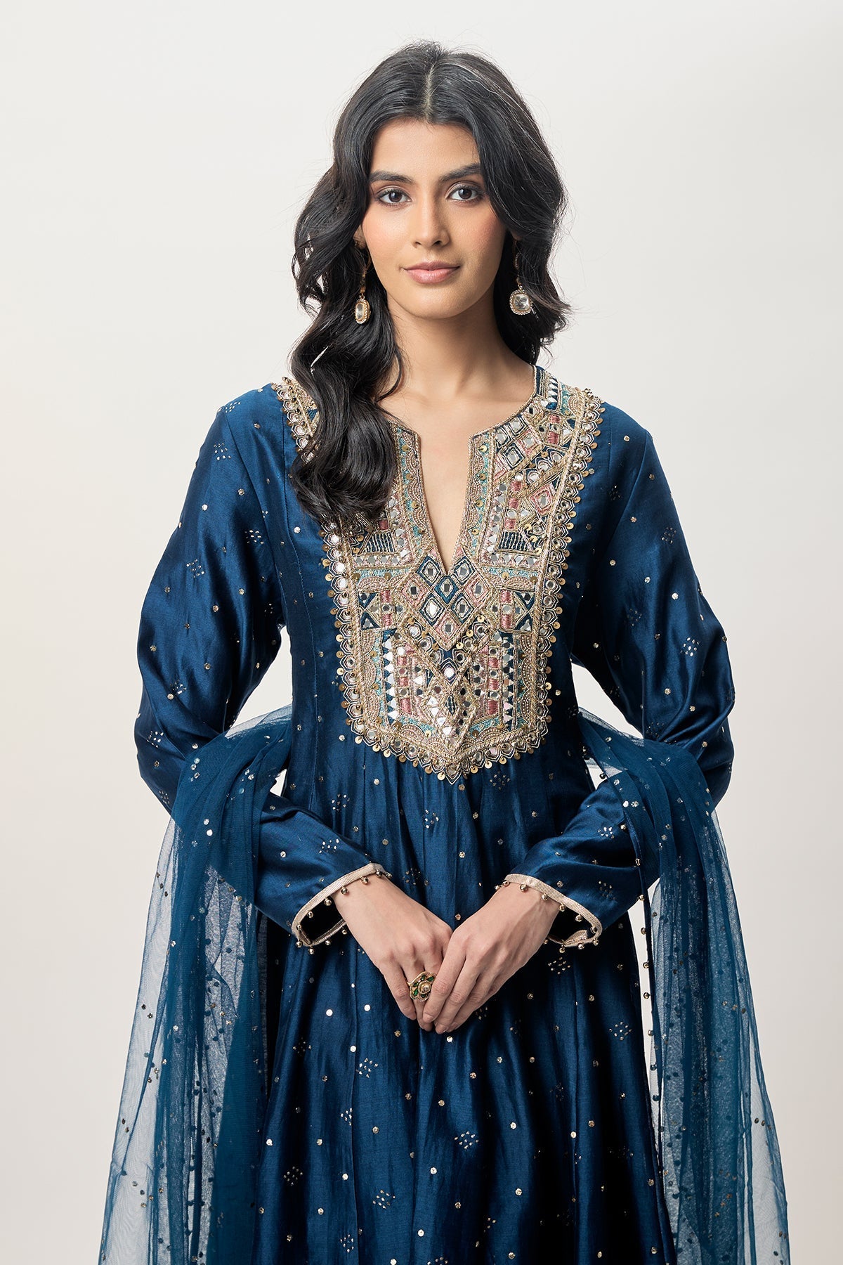 Ria Navy Blue Mukaish Silkmul Embroidered Anarkali With Churidar And Mukaish Net Dupatta