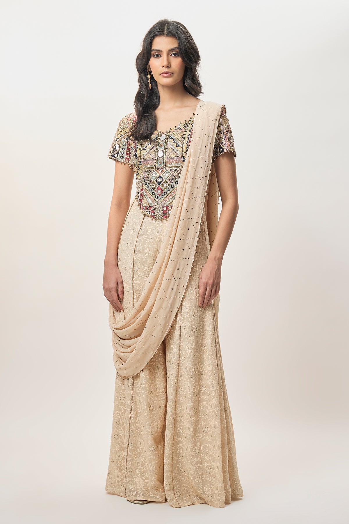 Hooria Stone Georgette Embroidered Choli And Lucknowi Sharara With Attached Pallu
