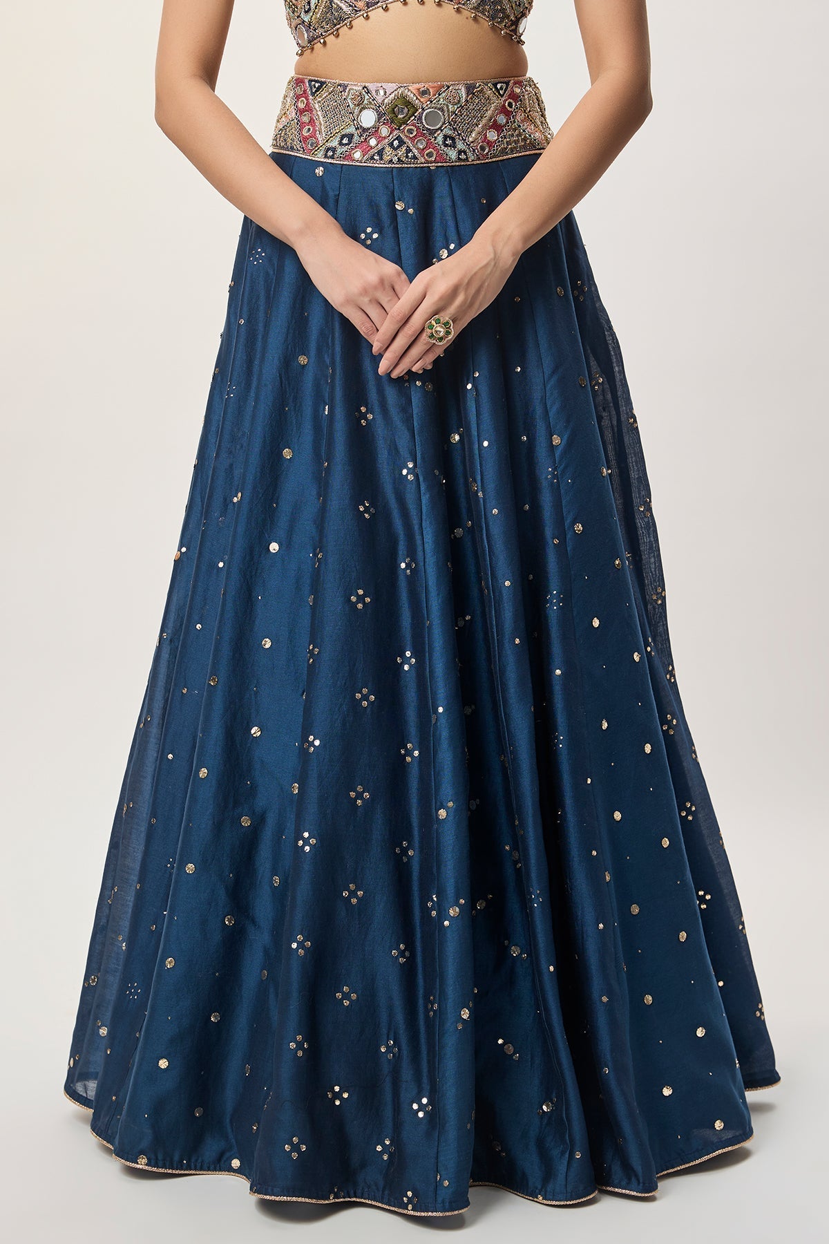 Mahnaz Navy Blue Georgette Embroidered Choli With Lehenga And Mukaish Net Dupatta