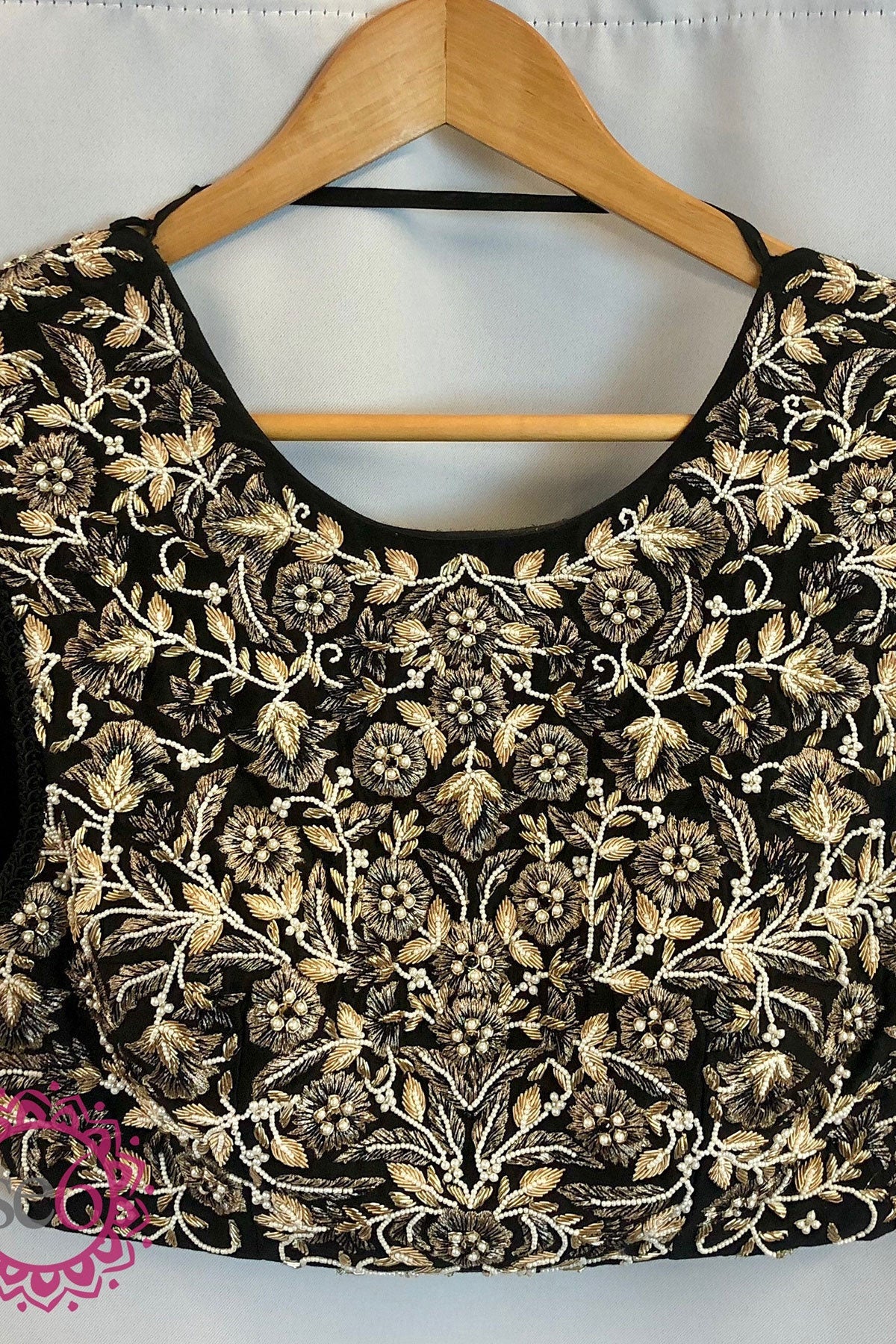 White Gold Floral Embroidered Black Blouse- Ready to Ship